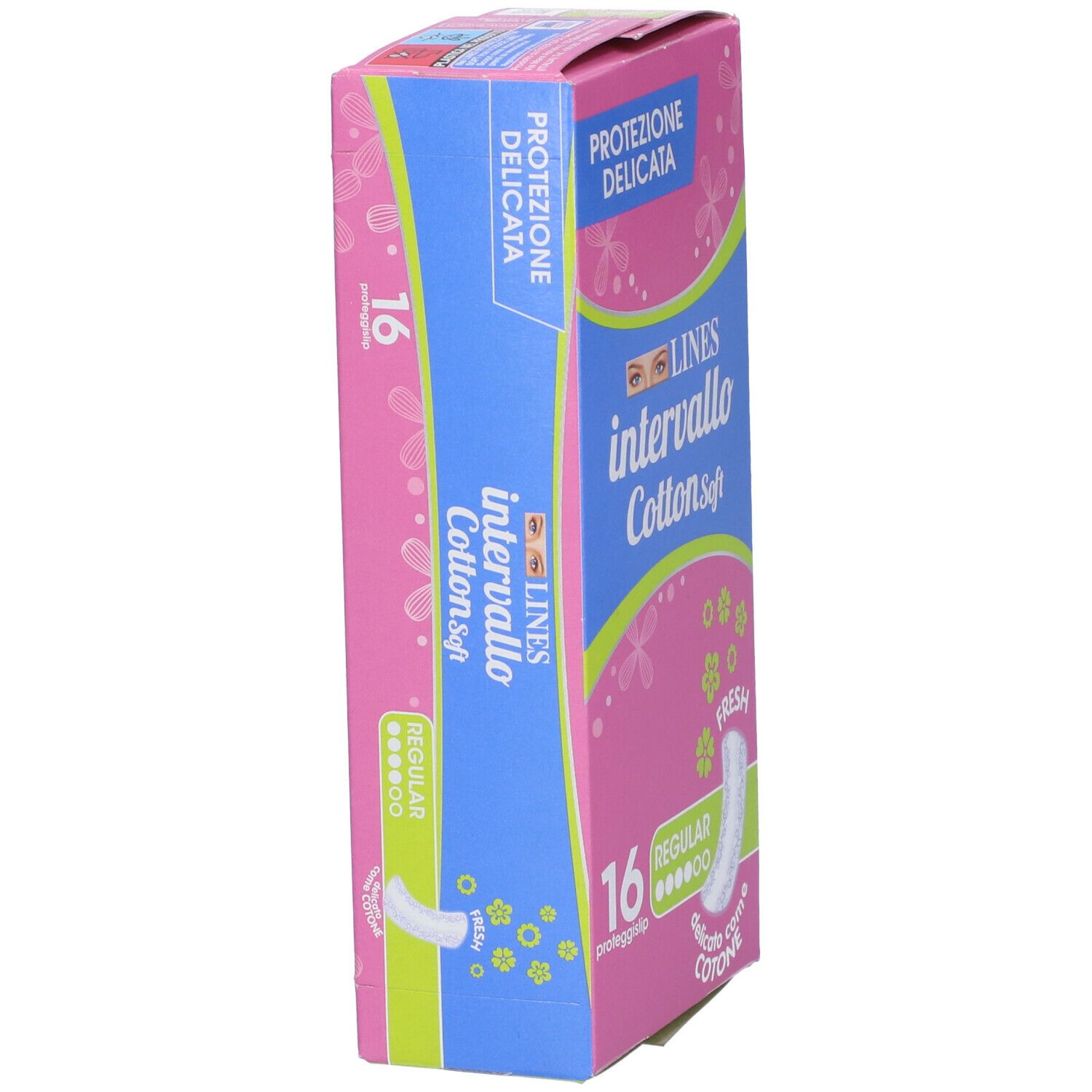 Confezione LINES intervallo Cotton Soft, rosa-blu. 16 proteggislip. Scritte: Protezione delicata, Regular, Fresh. Vista obliqua.