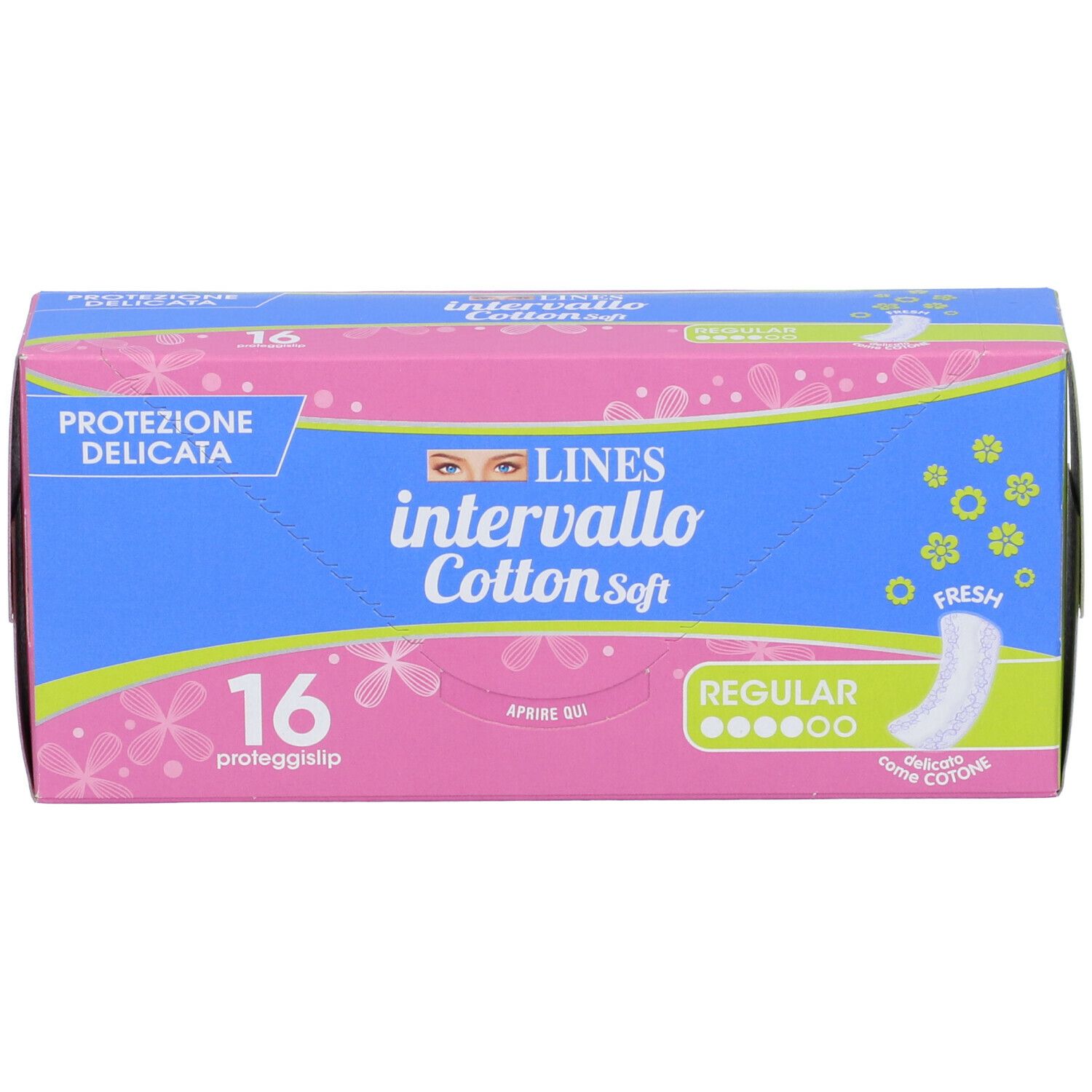 Confezione rosa e blu LINES intervallo Cotton Soft. 16 proteggislip. Scritte: Protezione delicata, Regular, Fresh.