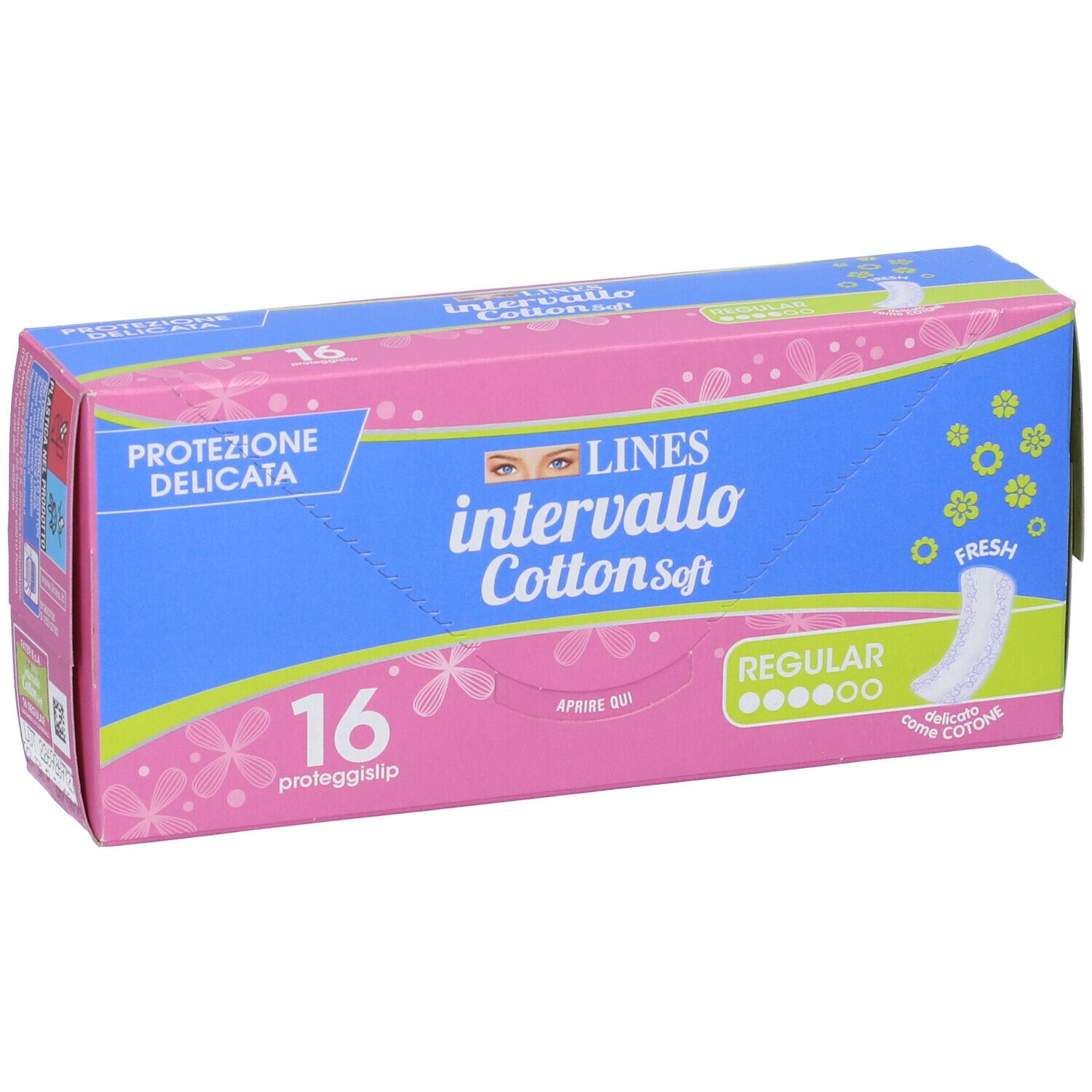Confezione rosa e blu LINES intervallo Cotton Soft. 16 proteggislip. Scritte: Protezione delicata, Regular, Fresh.