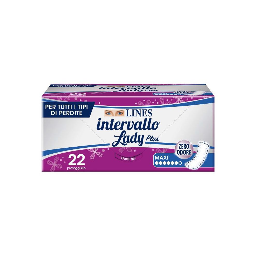Confezione Lines Intervallo Lady Plus. Bianco, rosa e viola. Testo: 22, Maxi, Zero Odore.