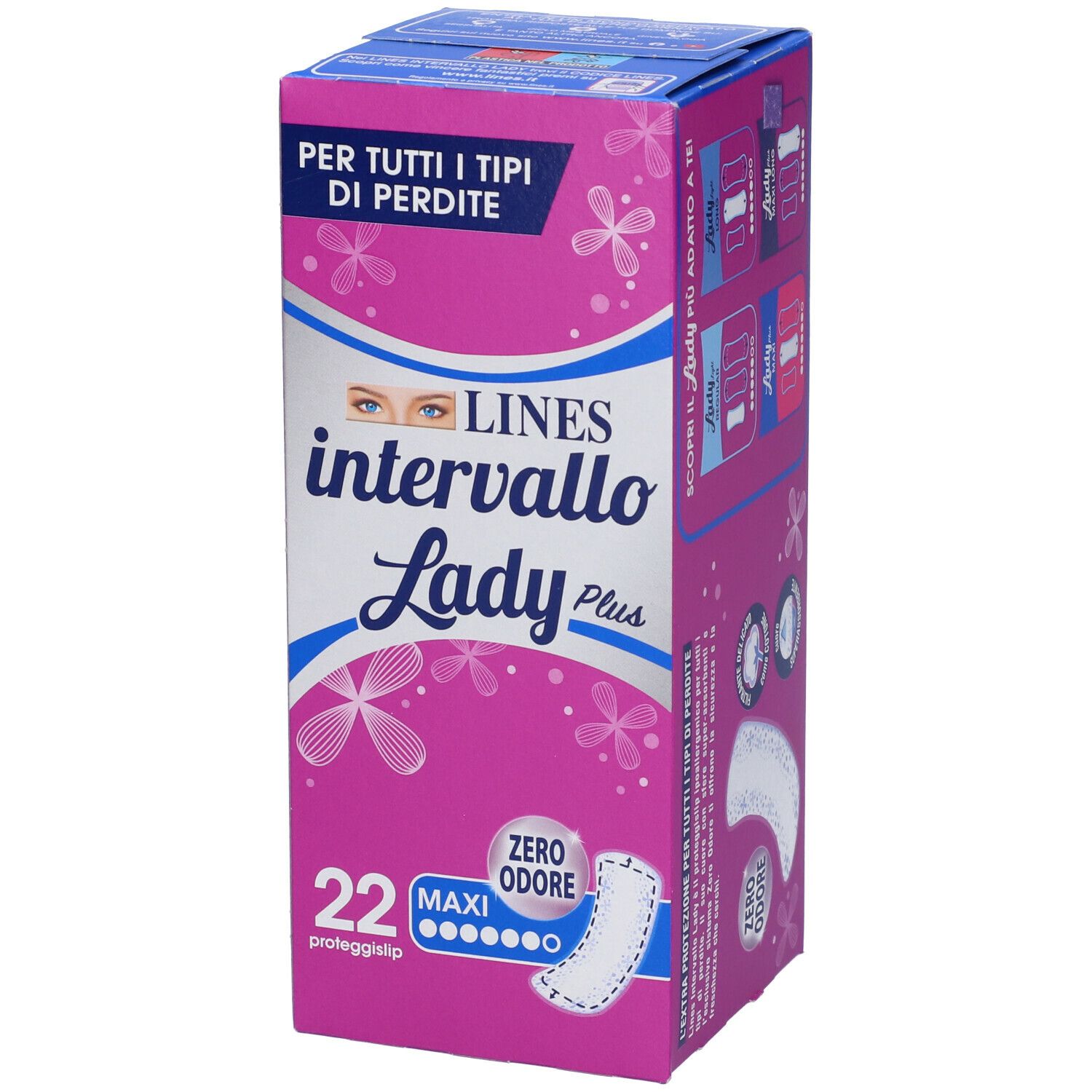 Confezione Lines Intervallo Lady Plus. Rosa e bianco. Testo: 22, Maxi, Zero Odore. Vista prodotto.