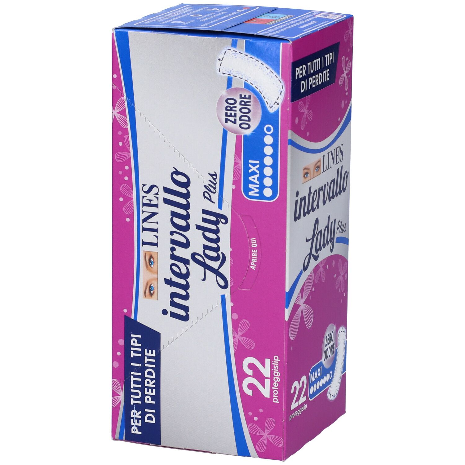 Confezione Lines Intervallo Lady Plus. Rosa e bianco. Testo: 22, Maxi, Zero Odore. Vista prodotto.