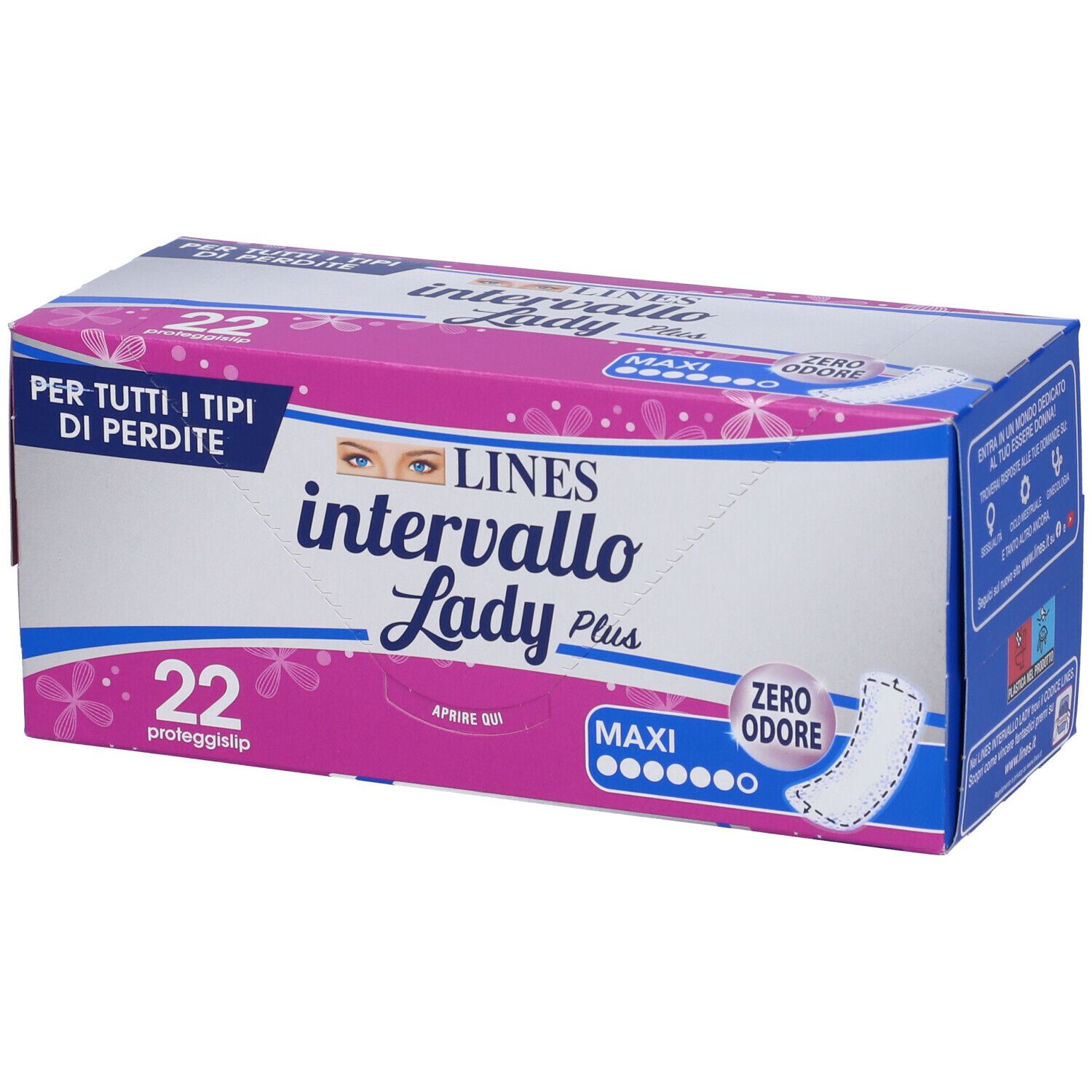 Confezione Lines Intervallo Lady Plus. Rosa e bianco. Testo: 22, Maxi, Zero Odore. Vista prodotto.