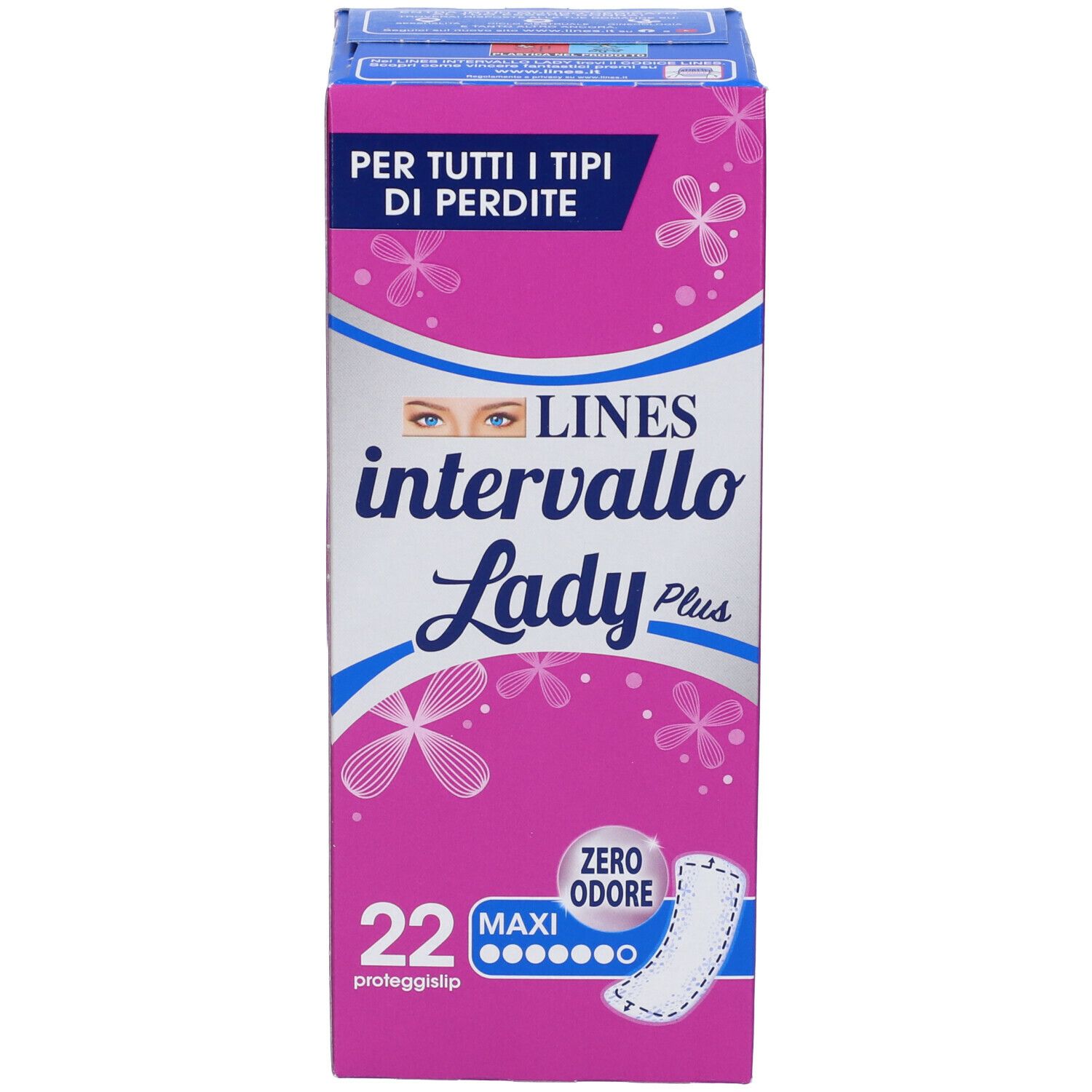 Confezione Lines Intervallo Lady Plus. Rosa e bianco. Testo: 22, Maxi, Zero Odore. Vista prodotto.