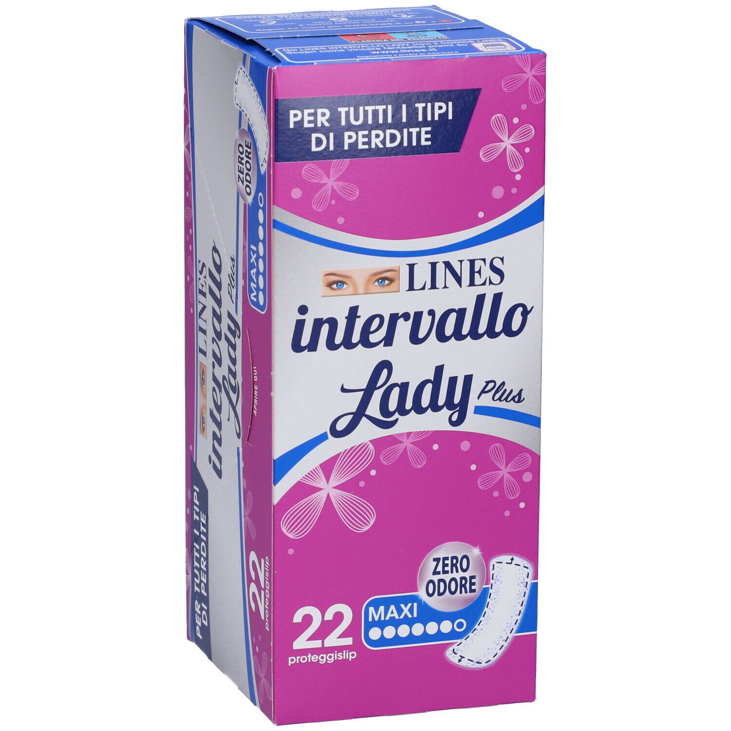 Confezione Lines Intervallo Lady Plus. Rosa e bianco. Testo: 22, Maxi, Zero Odore. Vista prodotto.