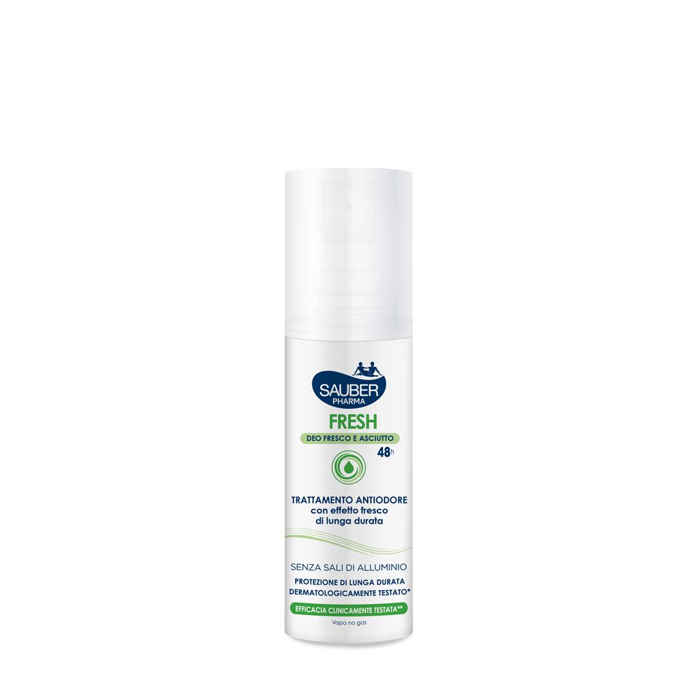 Deodorante bianco con vaporizzatore. Scritta: Sauber Pharma, Fresh, 48h. Senza sali di alluminio. Dermatologicamente testato.
