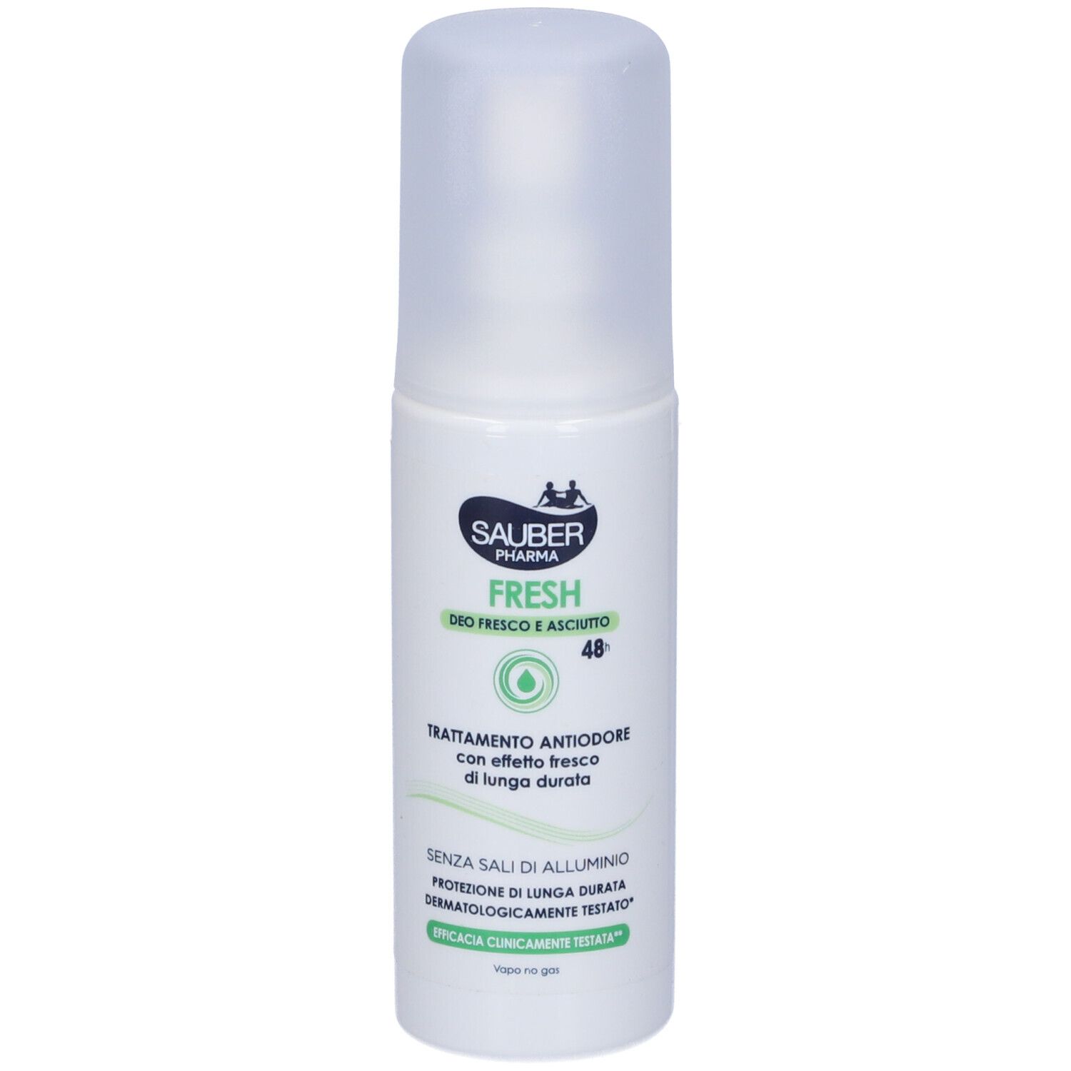 Deodorante bianco con tappo trasparente. Scritta: Sauber Pharma, Fresh, 48h. Senza sali di alluminio. Dermatologicamente testato.