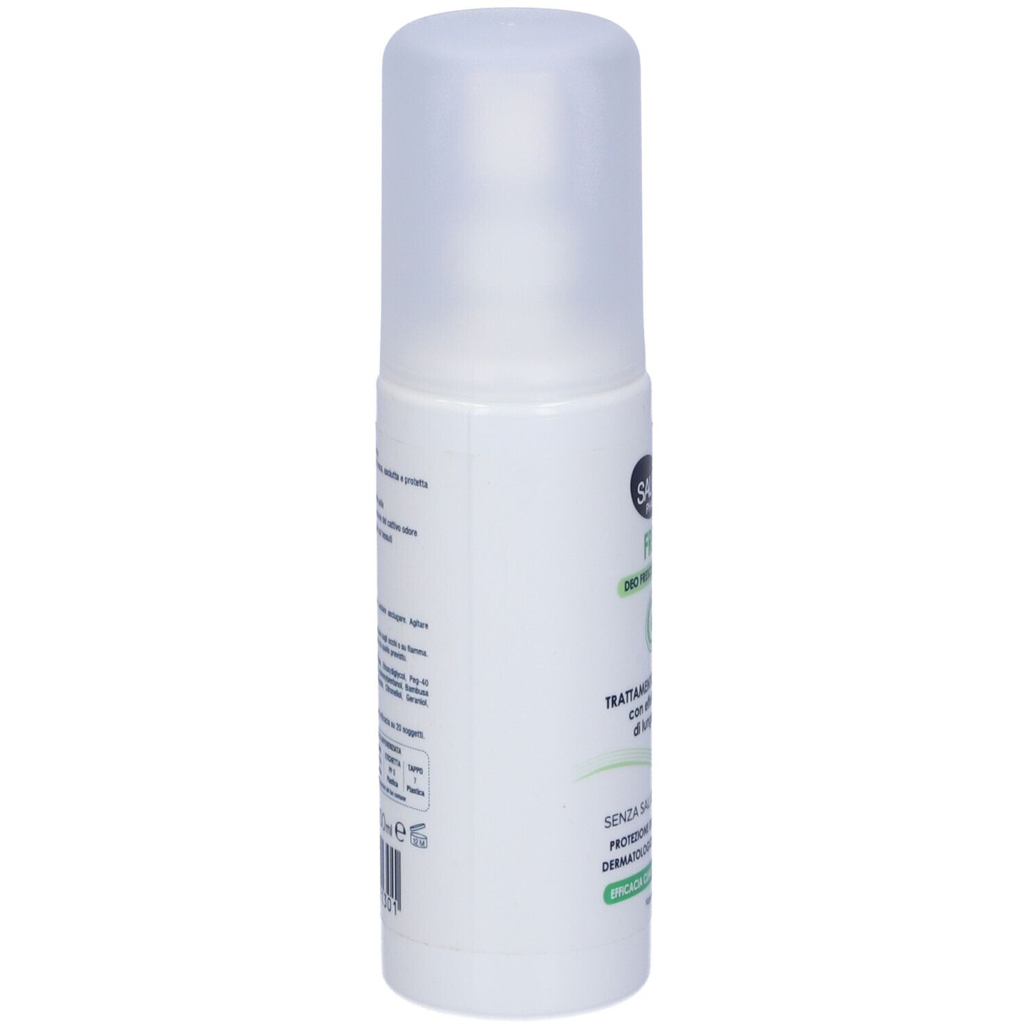 Deodorante bianco, vista laterale. Scritta: Sauber Pharma, Fresh. Testo: Senza sali di alluminio. Dermatologicamente testato. Ingredienti.