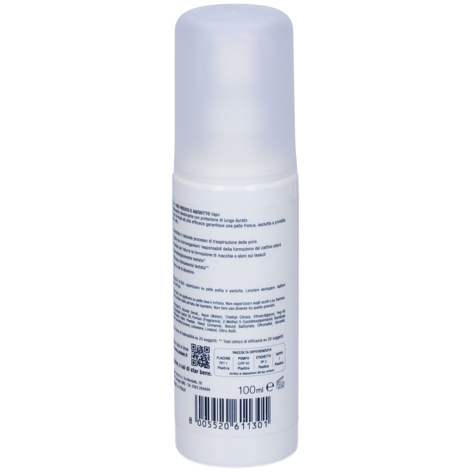 Deodorante bianco, vista posteriore. Scritta: 100ml. Testo: Ingredienti, informazioni produttore, codice a barre. Istruzioni imballaggio.