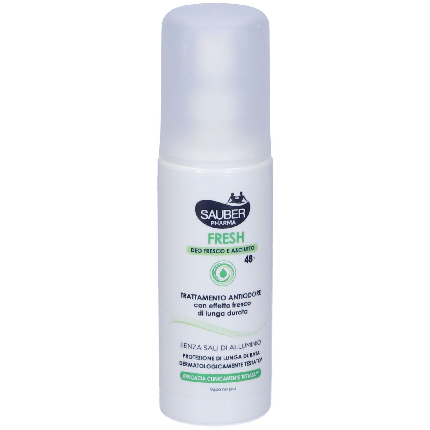 Deodorante bianco con tappo trasparente. Scritta: Sauber Pharma, Fresh, 48h. Senza sali di alluminio. Dermatologicamente testato.