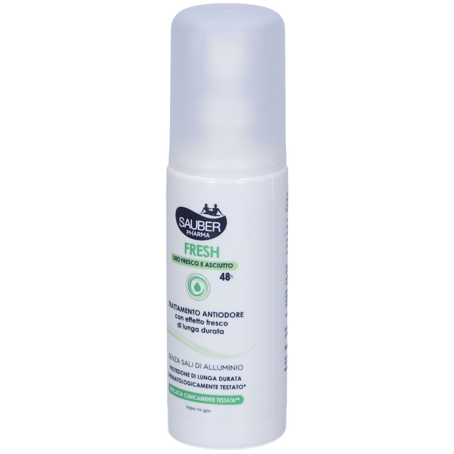 Deodorante bianco con tappo trasparente. Scritta: Sauber Pharma, Fresh, 48h. Senza sali di alluminio. Dermatologicamente testato.