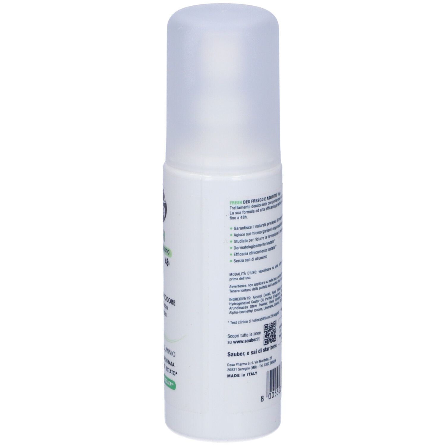 Deodorante bianco, vista laterale. Scritta: Sauber Pharma, Fresh. Testo: Senza sali di alluminio. Dermatologicamente testato. Ingredienti.