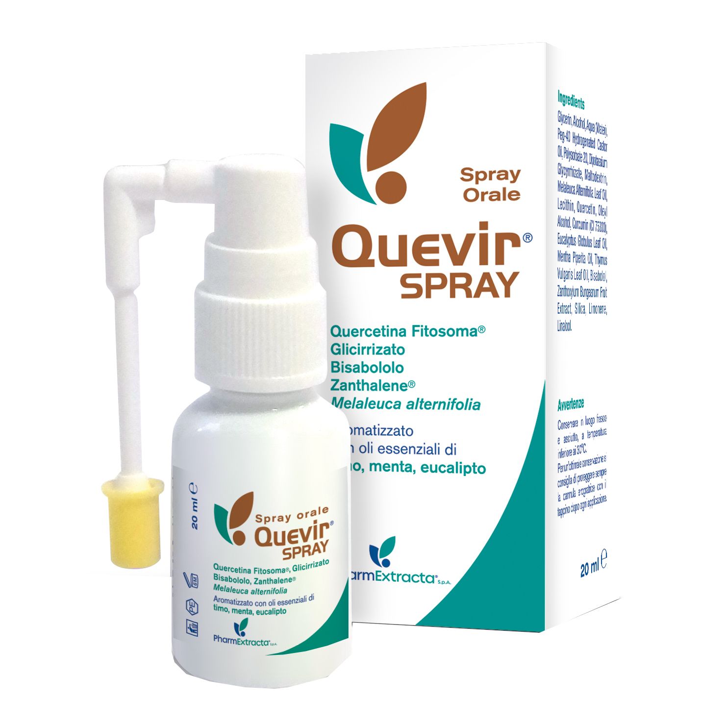 Quevir Spray Orale, flacone con nebulizzatore e confezione. Contiene ingredienti come quercetina e Melaleuca.