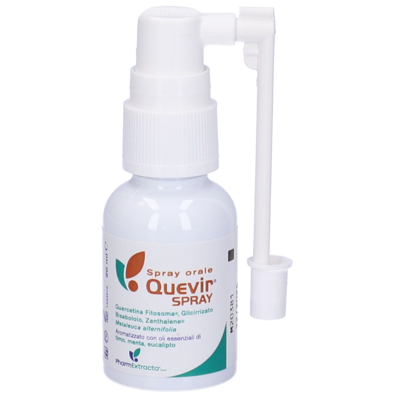 Quevir Spray Orale, flacone bianco con nebulizzatore. Contiene ingredienti come quercetina e Melaleuca.