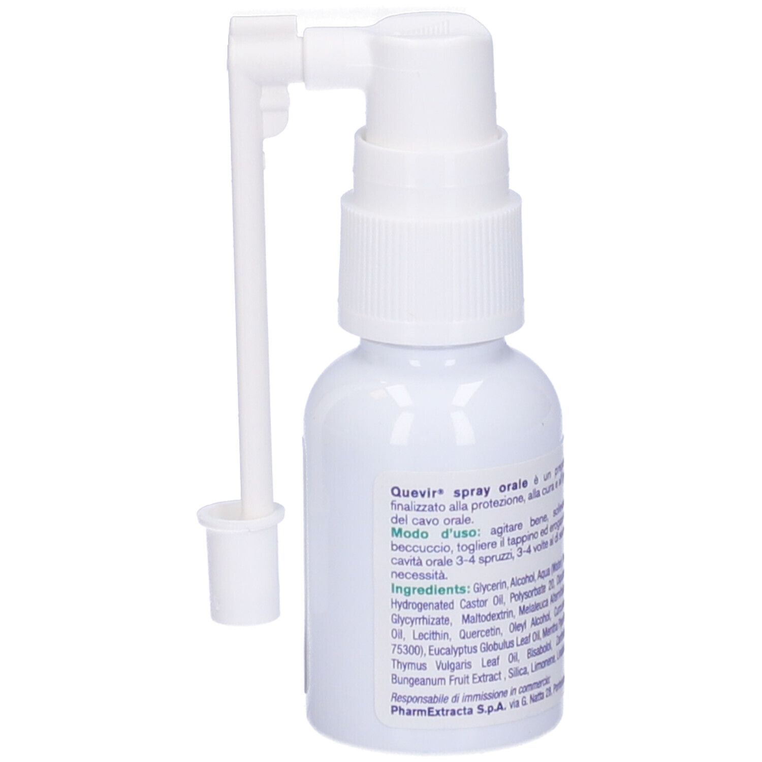 Quevir Spray Orale, flacone bianco con nebulizzatore. Contiene ingredienti come quercetina e Melaleuca.