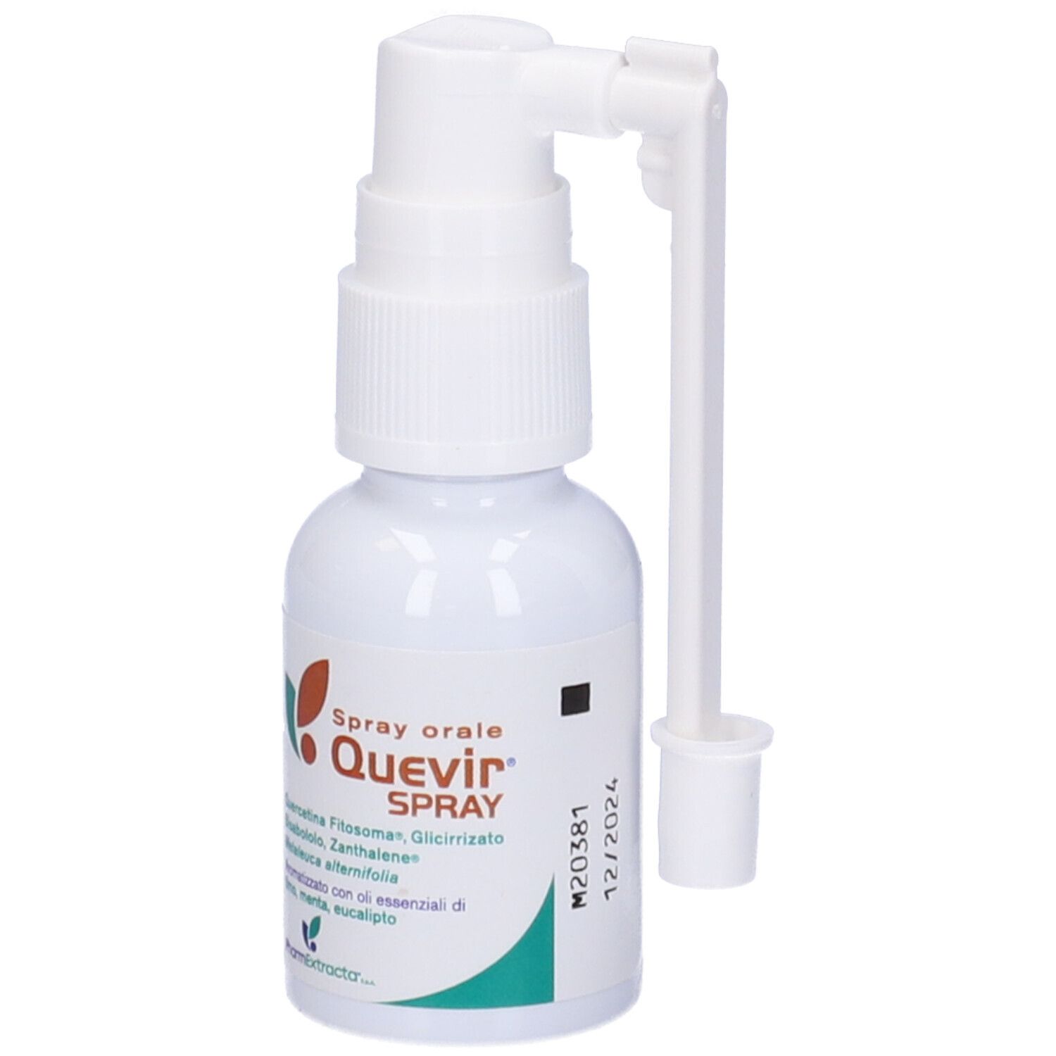 Quevir Spray Orale, flacone bianco con nebulizzatore. Contiene ingredienti come quercetina e Melaleuca.
