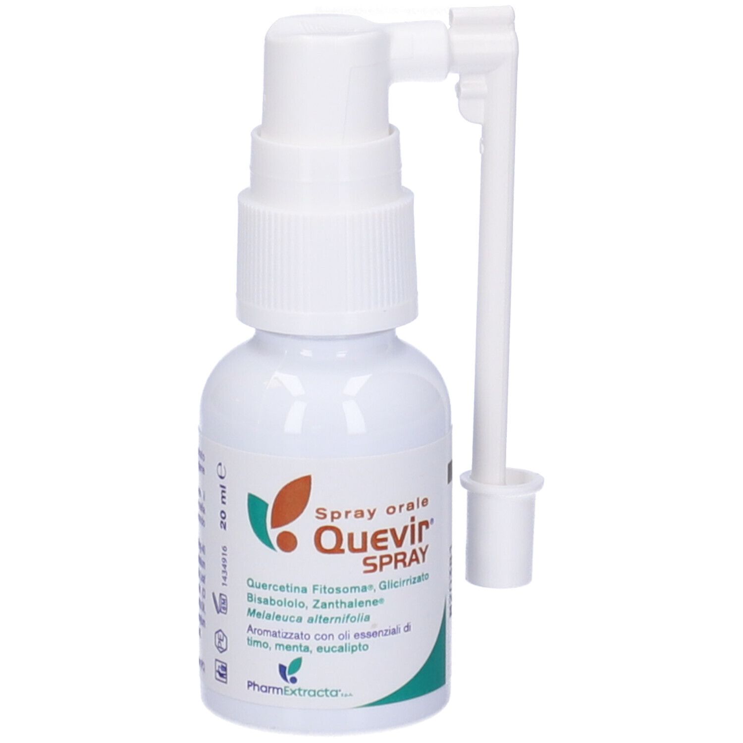 Quevir Spray Orale, flacone bianco con nebulizzatore. Contiene ingredienti come quercetina e Melaleuca.