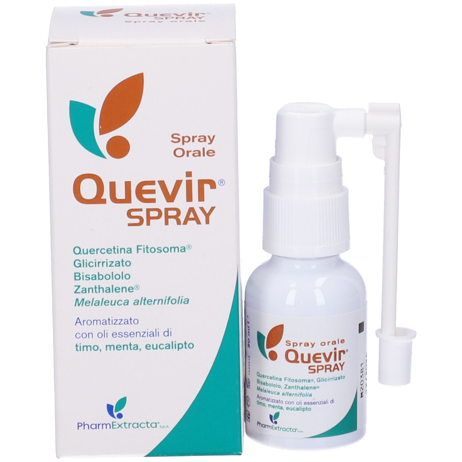Quevir Spray Orale, flacone con nebulizzatore e confezione. Contiene ingredienti come quercetina e Melaleuca.