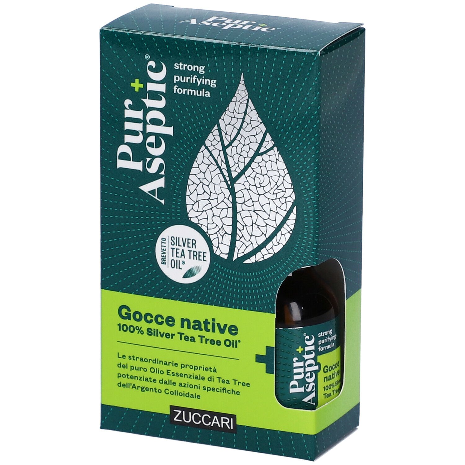 Confezione di Pur+ Aseptic Gocce native. Flacone e scatola. Design a foglia. Testo: Silver Tea Tree Oil.