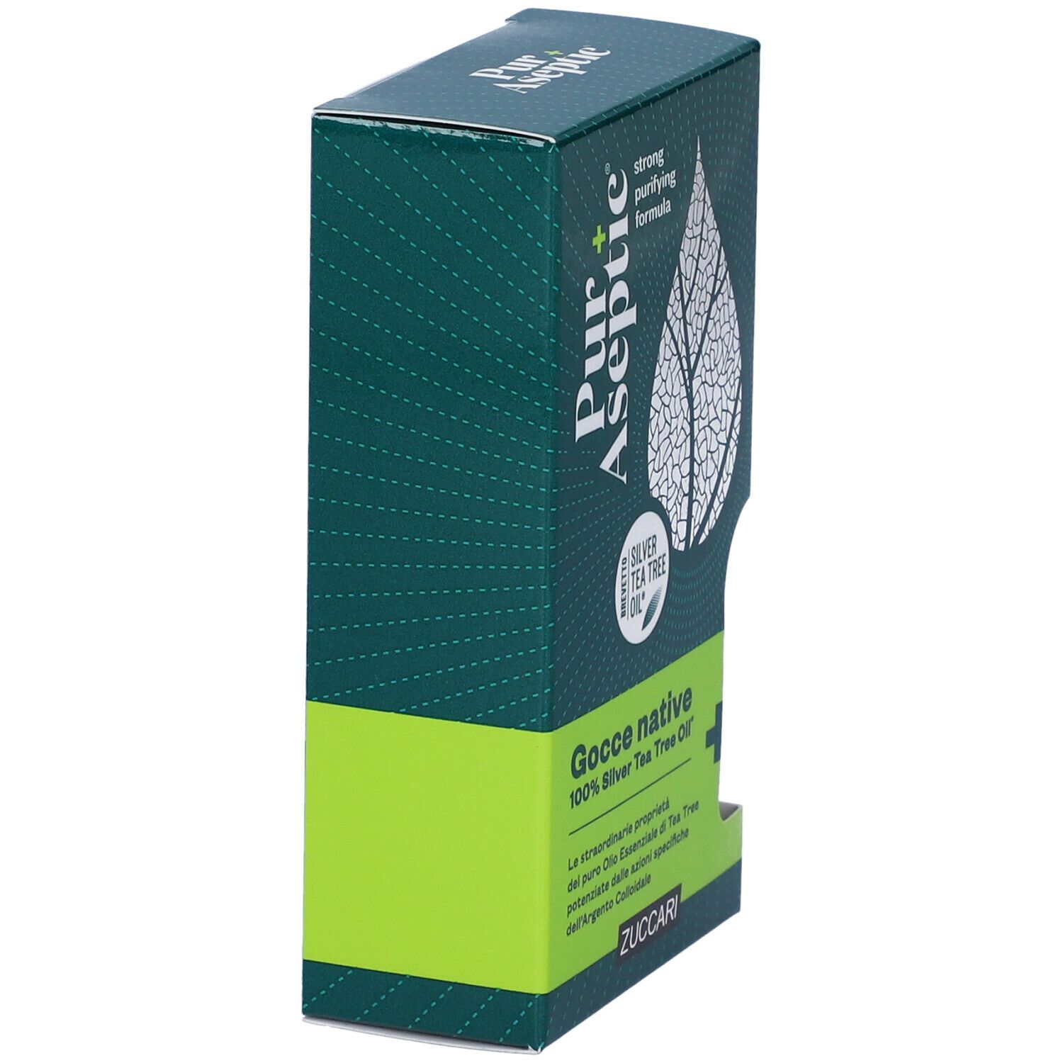 Confezione Pur+ Aseptic Gocce native. Verde e bianco. Design a foglia. Testo: Silver Tea Tree Oil. Flacone visibile.