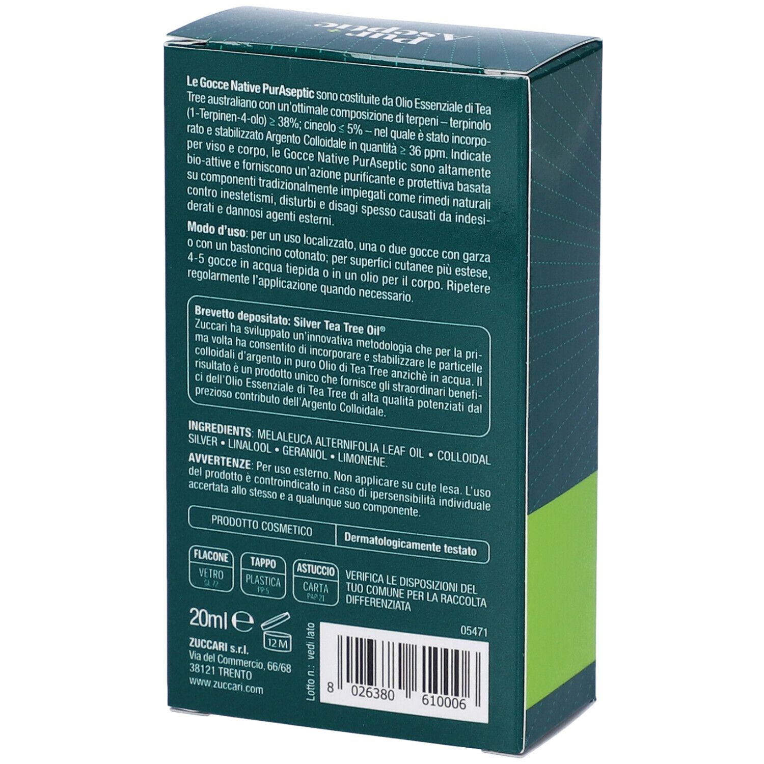 Retro confezione Pur+ Aseptic Gocce native. Testo in italiano. Elenco ingredienti. Flacone 20ml.