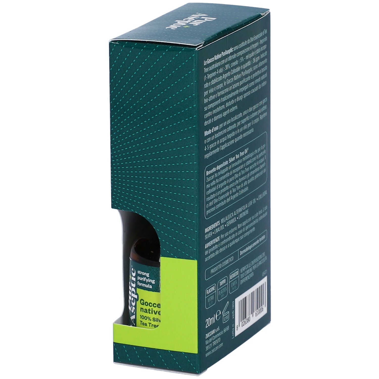 Confezione Pur+ Aseptic Gocce native. Flacone visibile. Testo in italiano. Flacone 20ml.