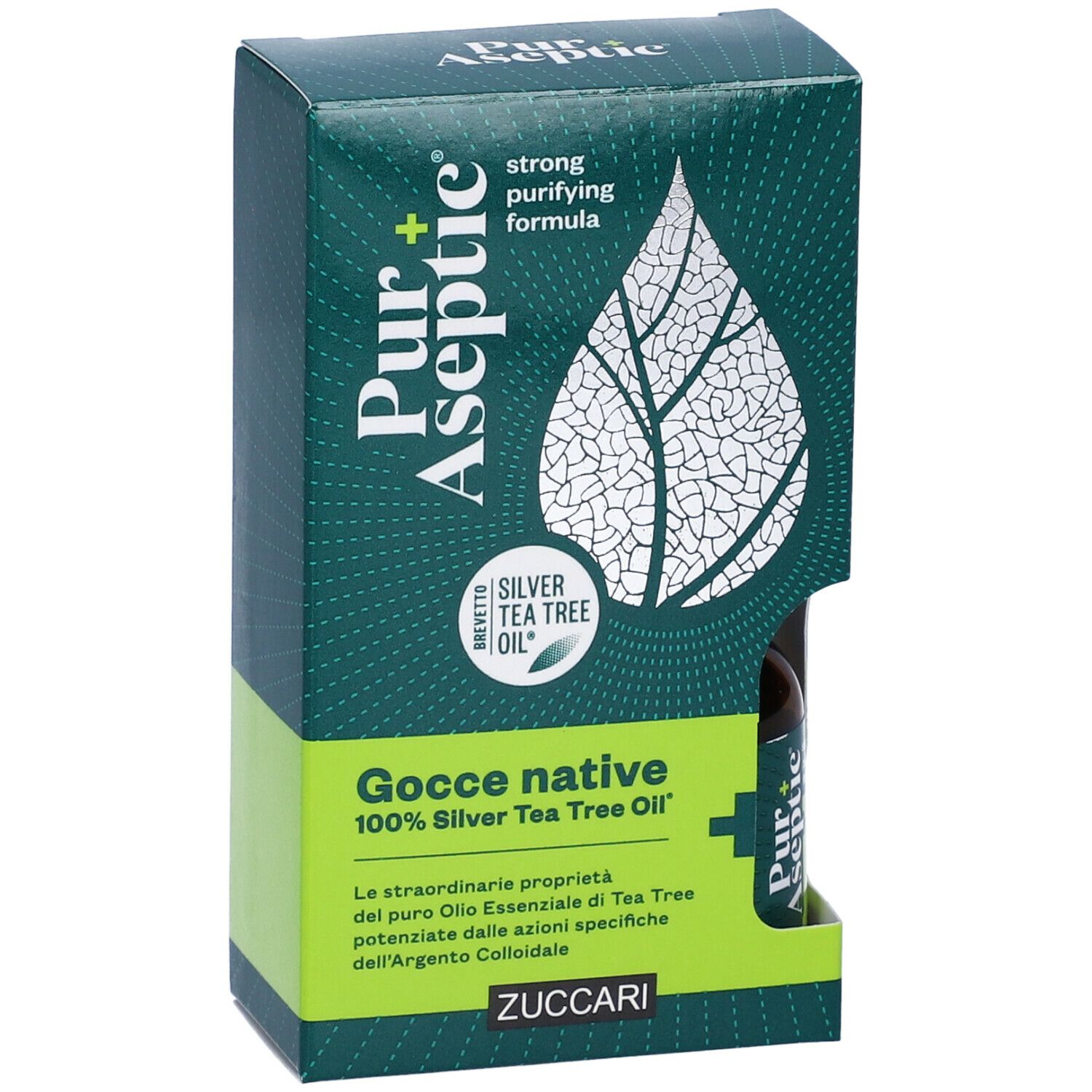 Confezione Pur+ Aseptic Gocce native. Flacone e scatola. Design a foglia. Testo: Silver Tea Tree Oil.