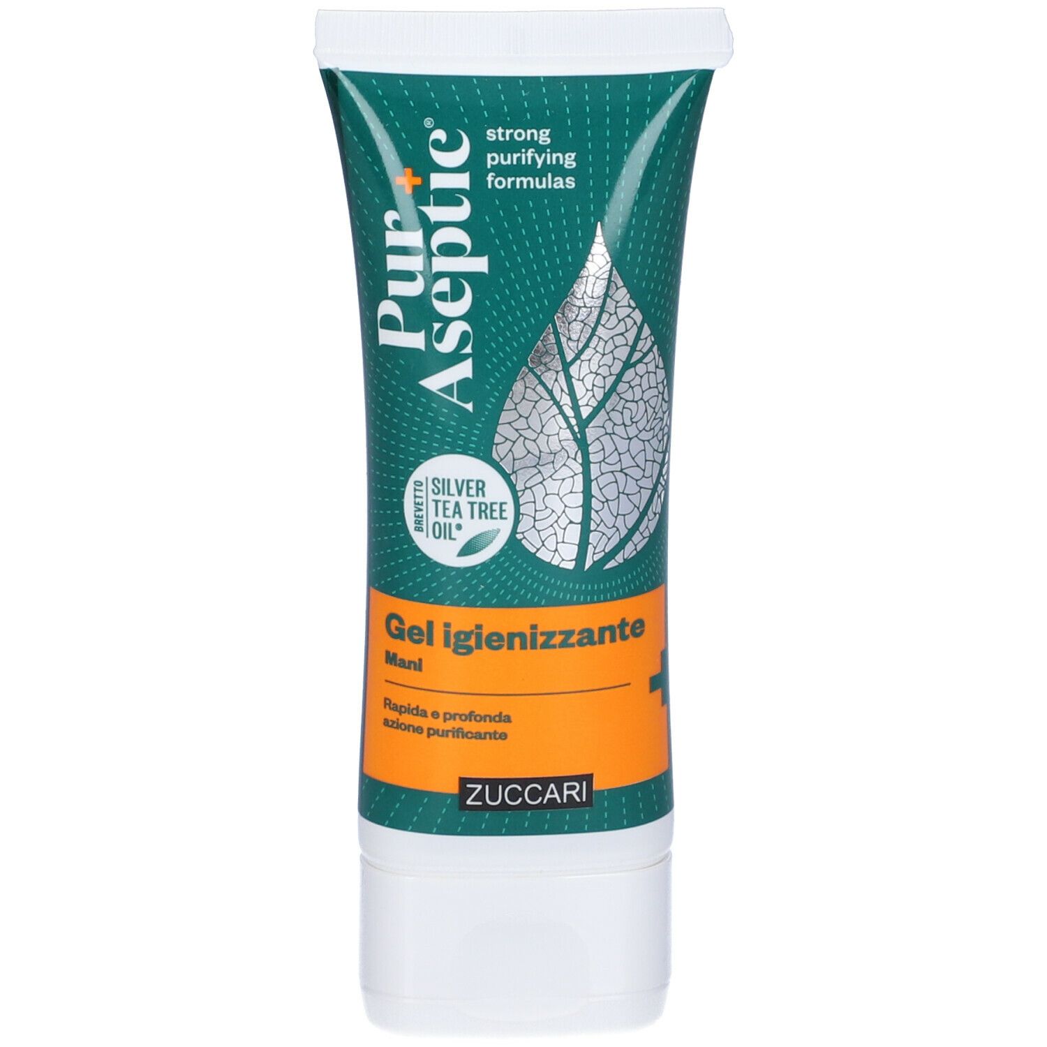Tubo con etichetta verde. Scritto: Pur+ Aseptic, Gel Igienizzante Mani, Silver Tea Tree Oil. Zuccari.