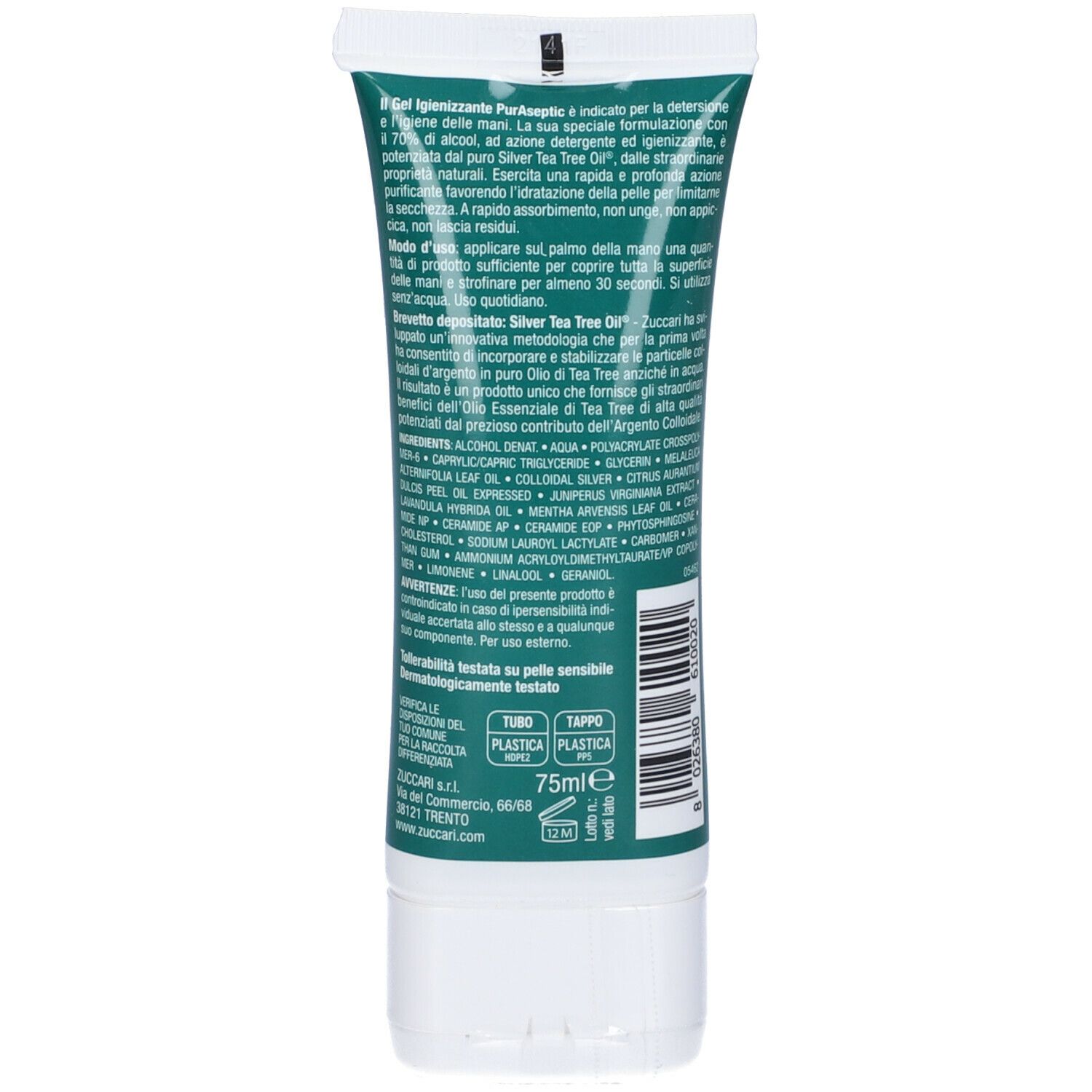 Retro del tubo. Testo con ingredienti e istruzioni per l'uso. Scritto: 75ml.