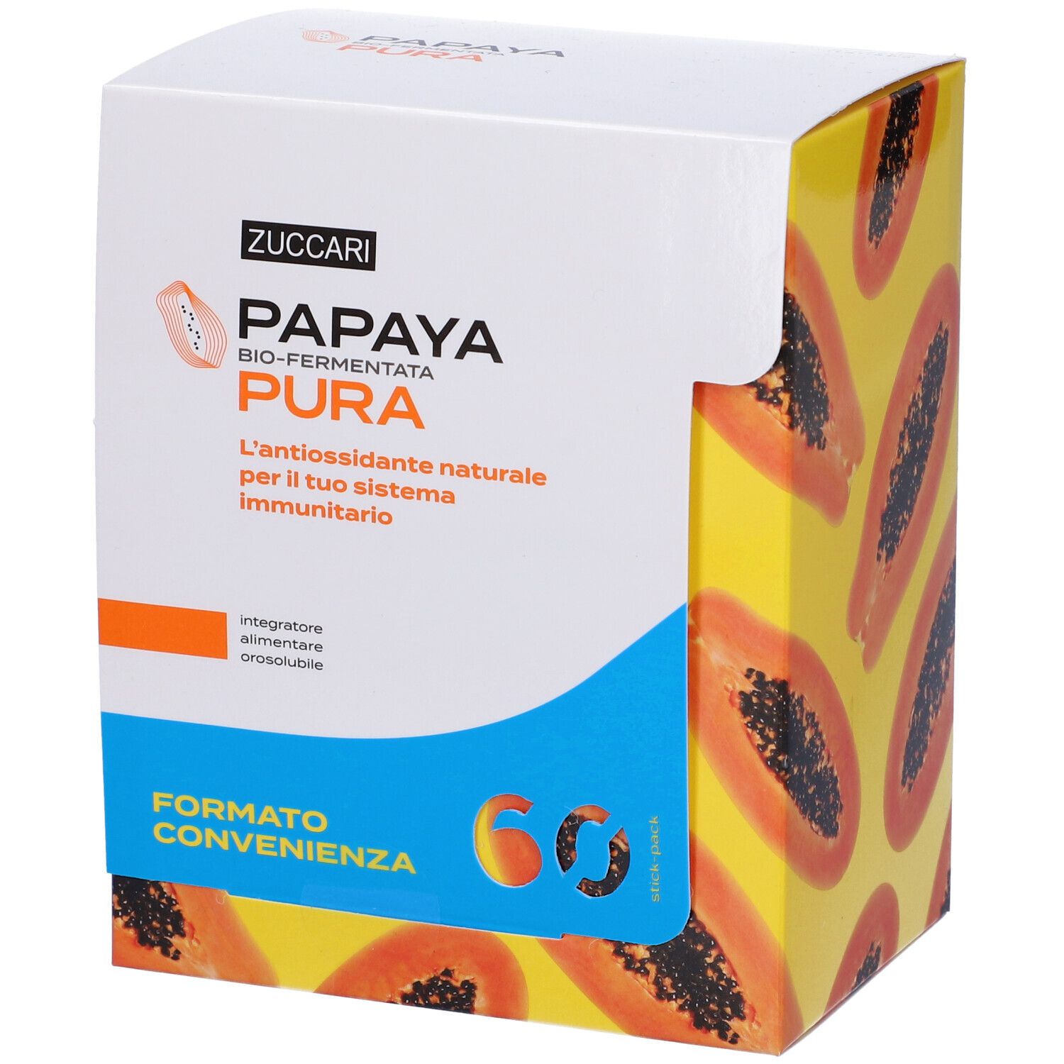 Weiß-gelbe Schachtel mit Papaya-Motiven. Aufschrift: Zuccari Papaya Bio-fermentata Pura. 60 Stück.