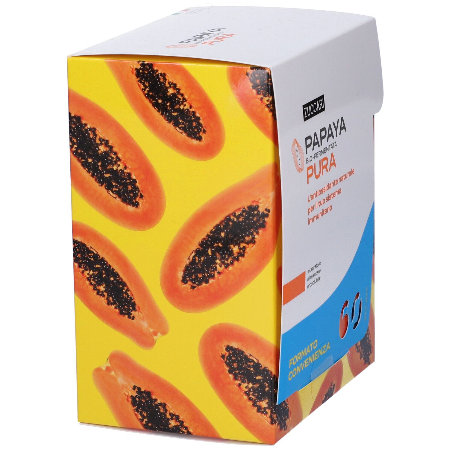 Gelbe Schachtel mit Papaya-Motiven. Aufschrift: Zuccari Papaya Bio-fermentata Pura. 60 Stück.