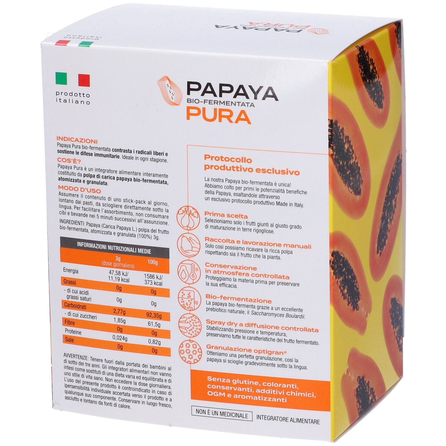 Schachtel mit Papaya-Motiven. Aufschrift: Zuccari Papaya Bio-fermentata Pura. Produkt aus Italien. Nährwertangaben.