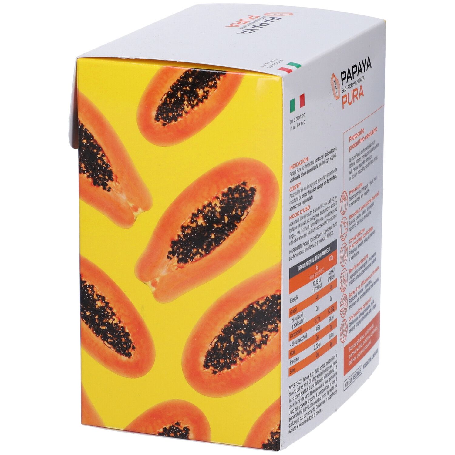 Schachtel mit Papaya-Motiven. Aufschrift: Zuccari Papaya Bio-fermentata Pura. Produkt aus Italien. Nährwertangaben.