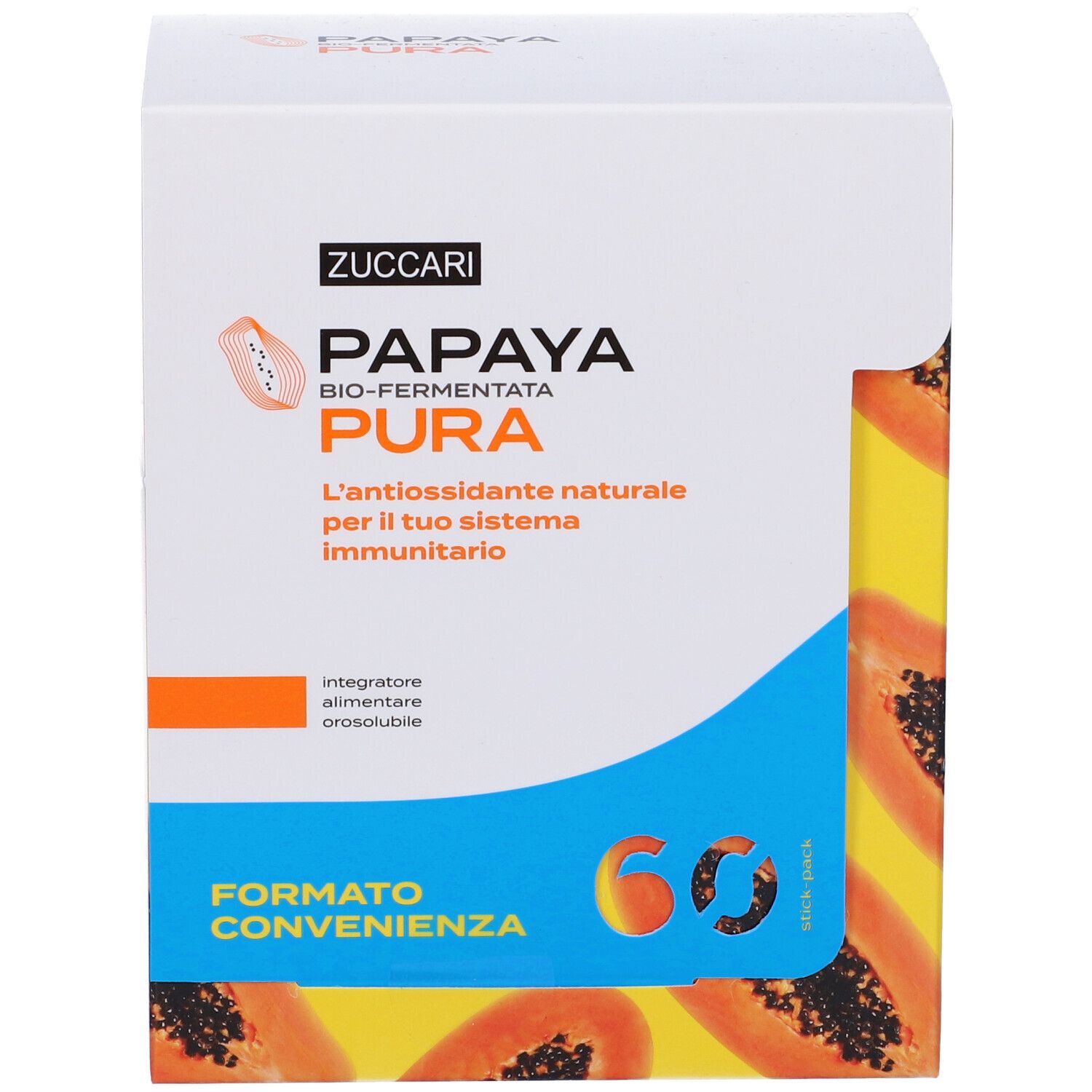 Weiß-blaue Schachtel mit Papaya-Motiven. Aufschrift: Zuccari Papaya Bio-fermentata Pura. 60 Stück.