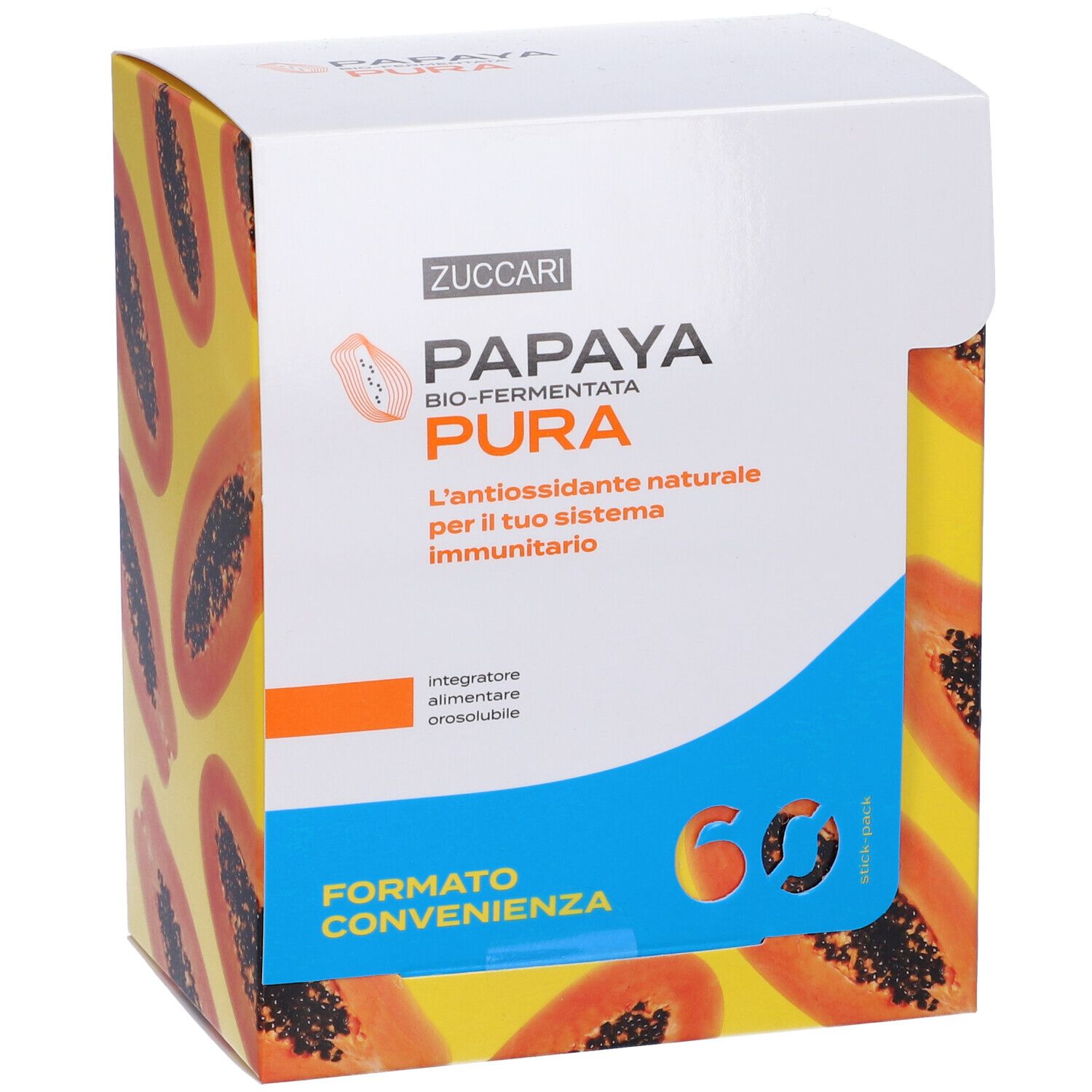 Weiß-gelbe Schachtel mit Papaya-Motiven. Aufschrift: Zuccari Papaya Bio-fermentata Pura. 60 Stück.