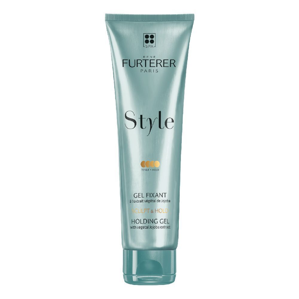Tubo turchese con scritta "Style". Testo "Gel fixant" e "Holding Gel". Marchio: René Furterer.