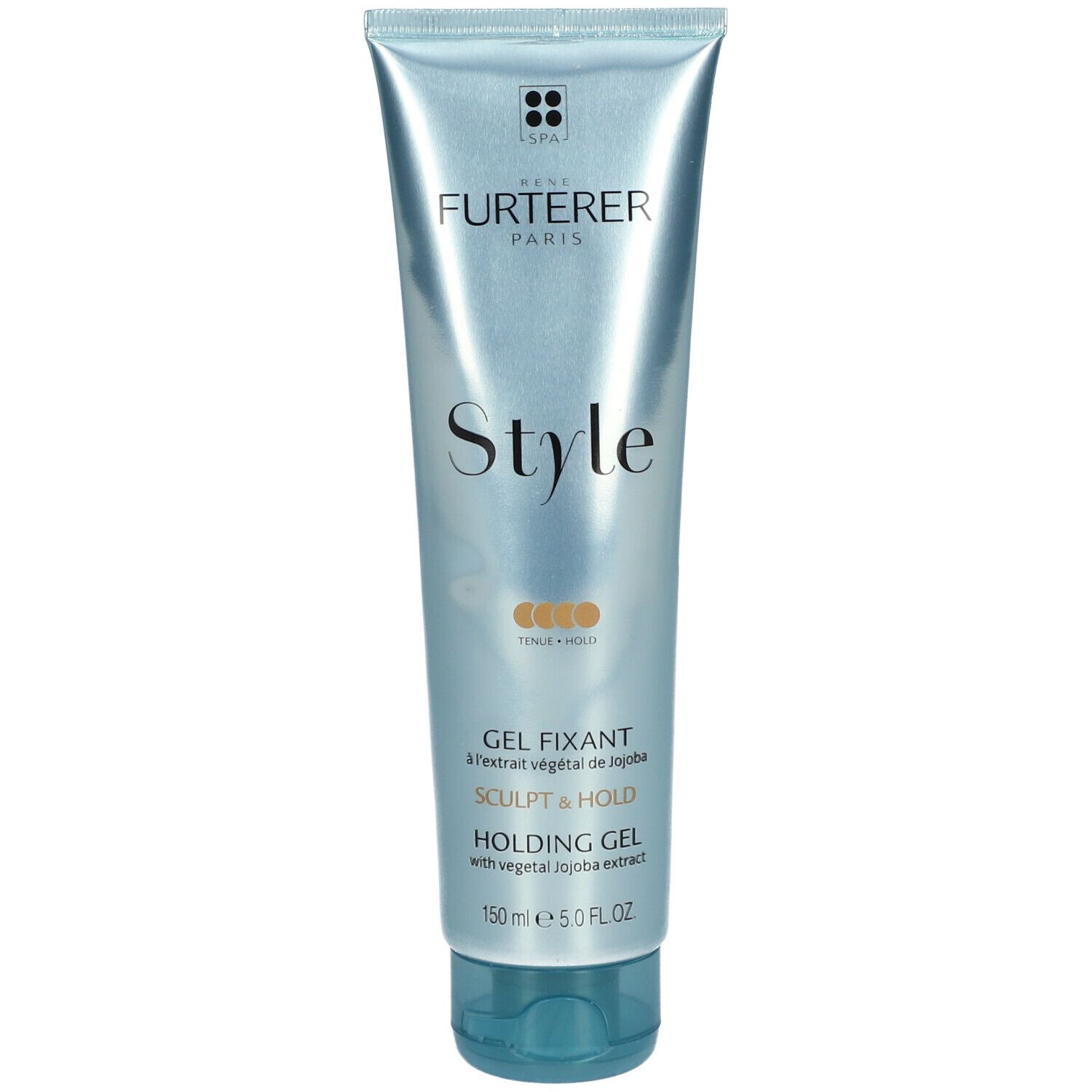 Tubo turchese con scritta "Style". Testo "Gel fixant" e "Holding Gel". Marchio: René Furterer.