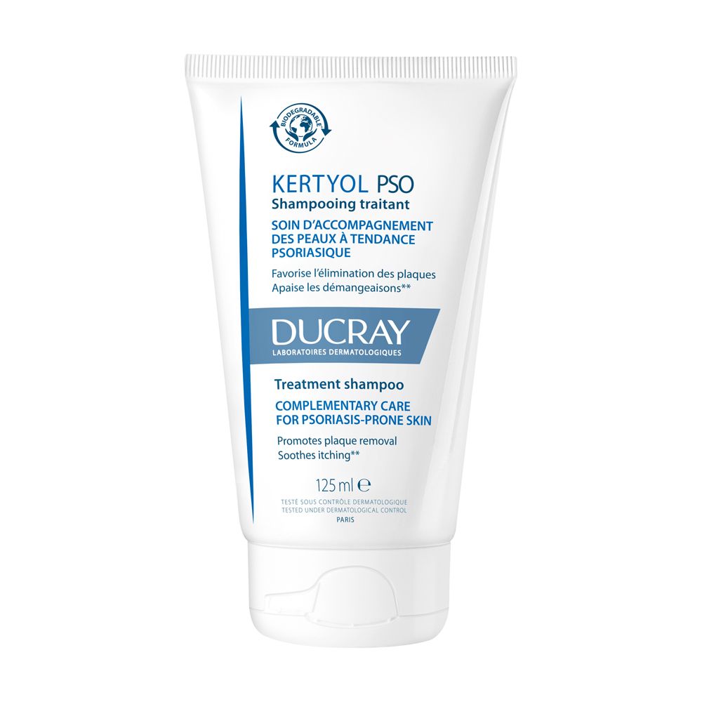 Tubo bianco e blu. Testo: Kertyol PSO, Shampooing traitant, Ducray. 125 ml. Per pelli a tendenza psoriasica.