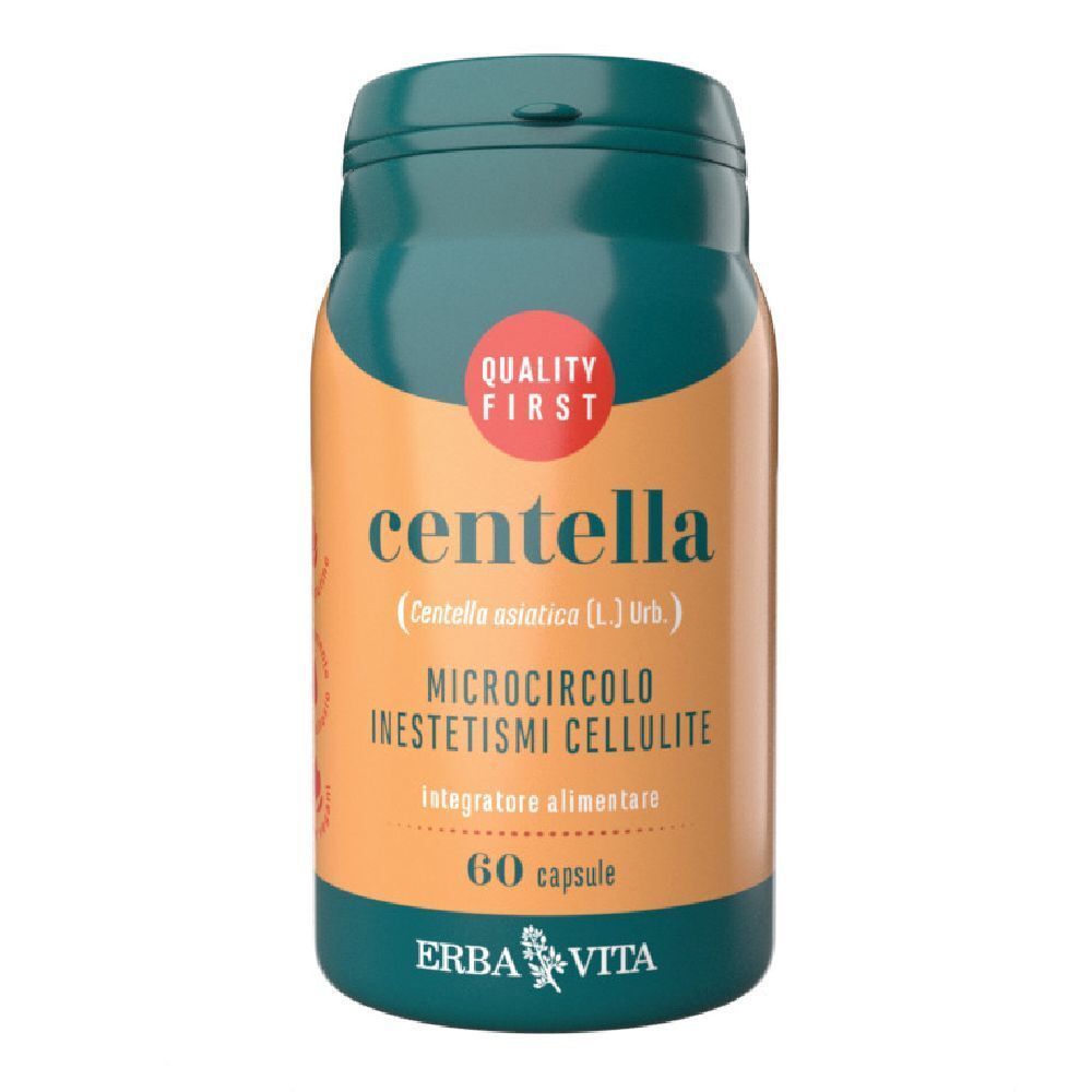 Flacone verde e arancione con "centella". Contiene 60 capsule. Marchio: Erba Vita. Testo "Quality First".