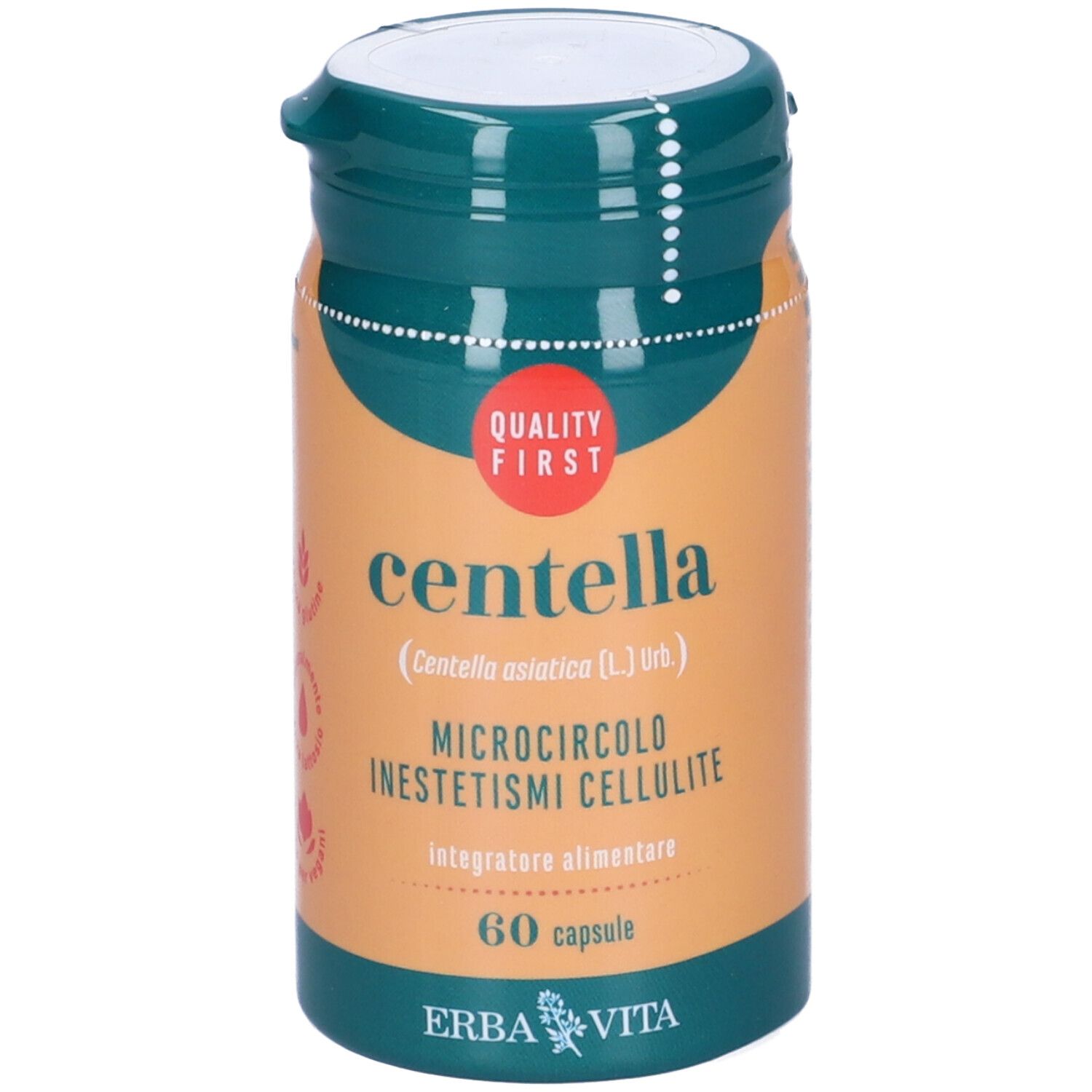 Flacone verde e arancione con "centella". Contiene 60 capsule. Marchio: Erba Vita. Logo "Quality First".