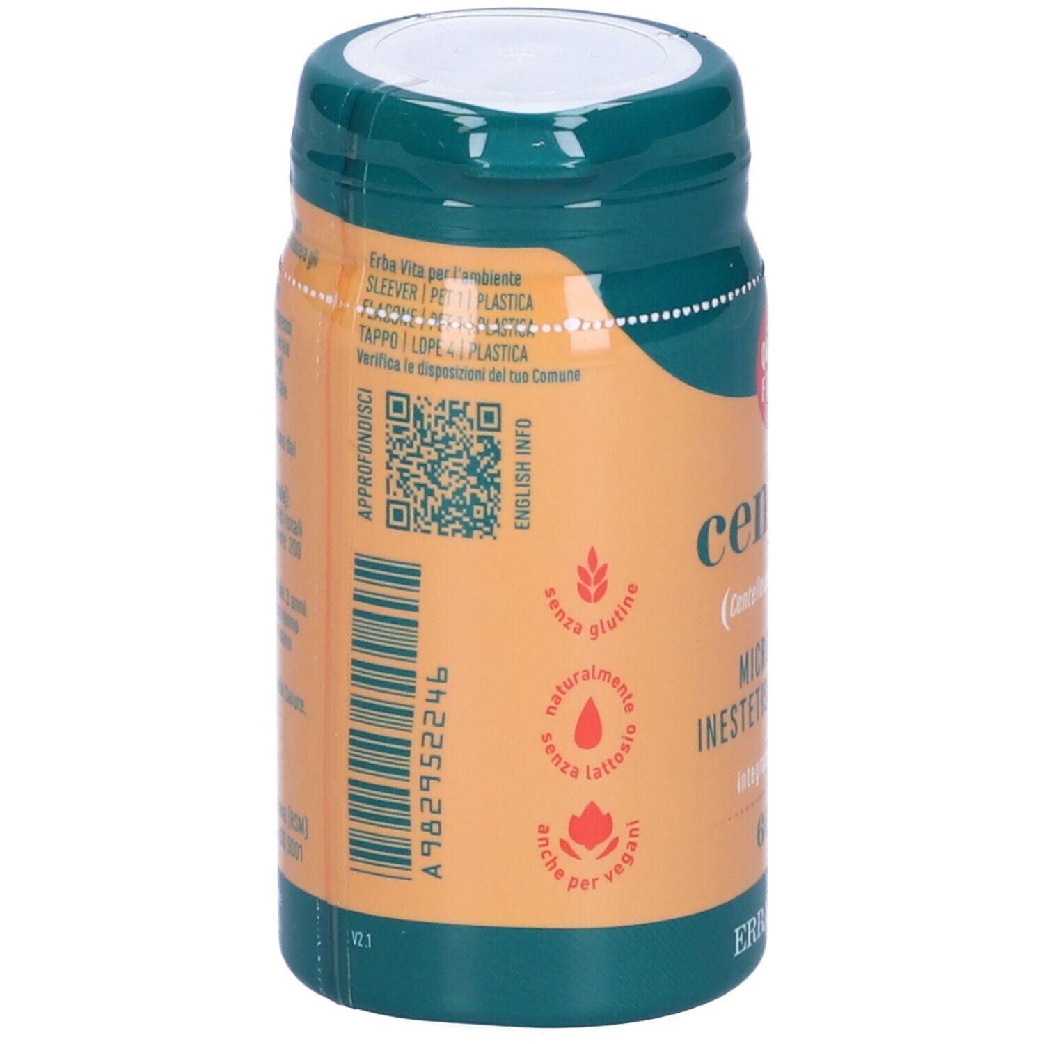 Retro del flacone. Testo con ingredienti e informazioni. Senza glutine, senza lattosio e vegano.