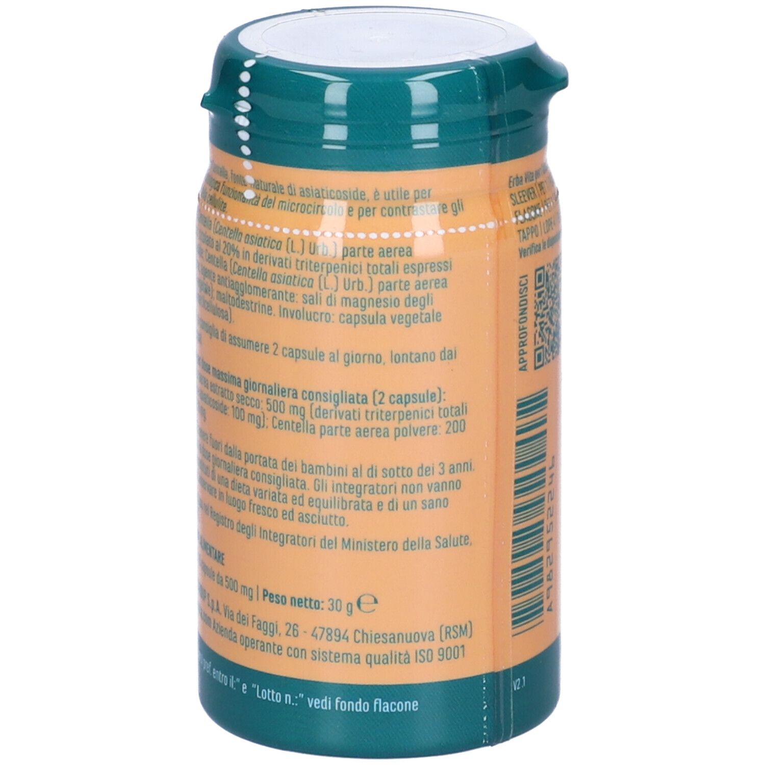 Retro del flacone con testo. Informazioni su ingredienti e uso. Peso netto 30 g.