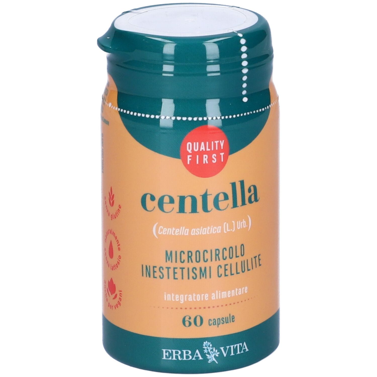 Flacone verde e arancione con "centella". Contiene 60 capsule. Marchio: Erba Vita. Logo "Quality First".