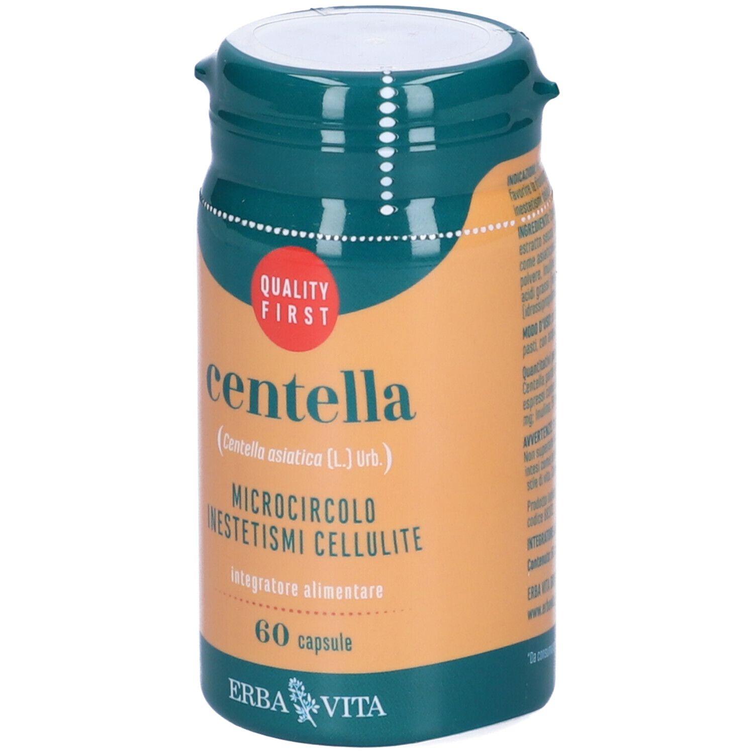 Flacone verde e arancione con "centella". Contiene 60 capsule. Marchio: Erba Vita. Logo "Quality First".
