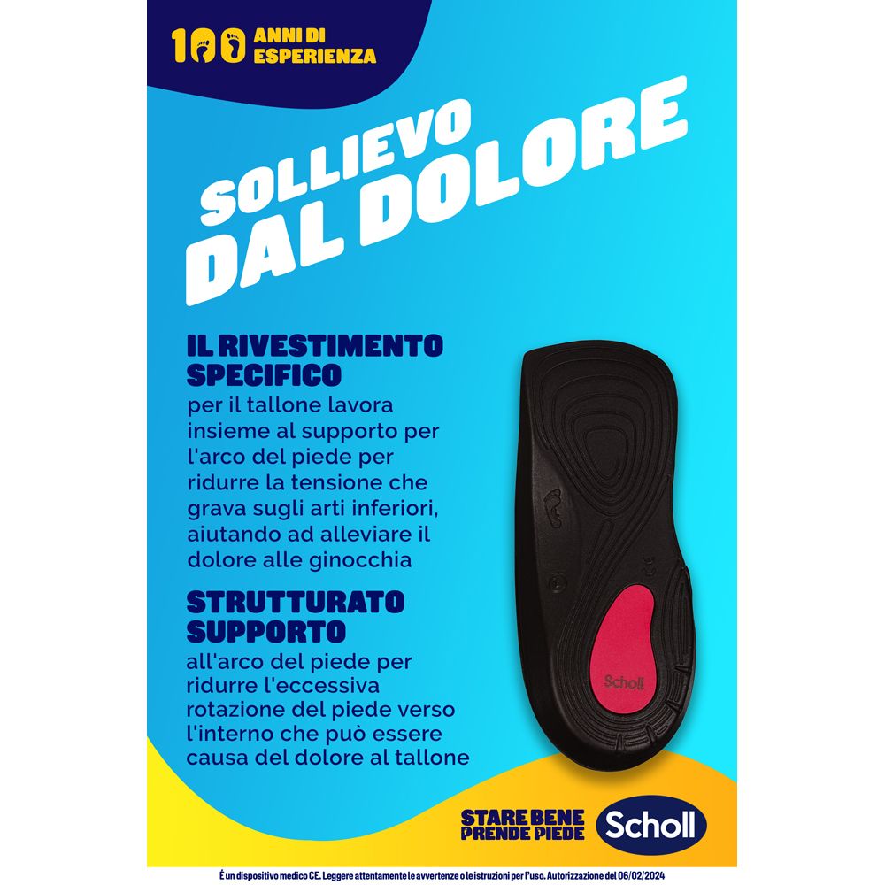 Poster pubblicitario con soletta Scholl. Soletta nera con dettaglio rosso. Testo: 'Sollievo dal dolore'.