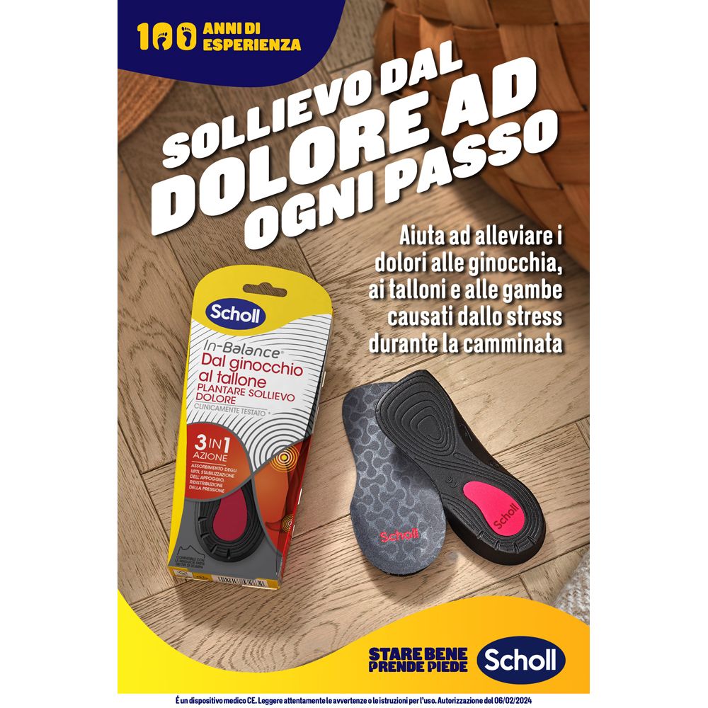 Poster pubblicitario con solette Scholl e confezione. Testo: 'Sollievo dal dolore ad ogni passo'.