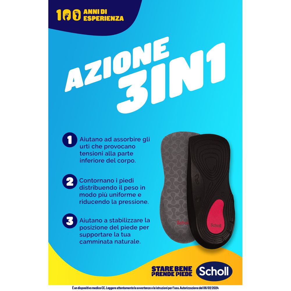 Poster pubblicitario con solette Scholl. Azione 3-in-1. Testo e illustrazioni sulla funzione.