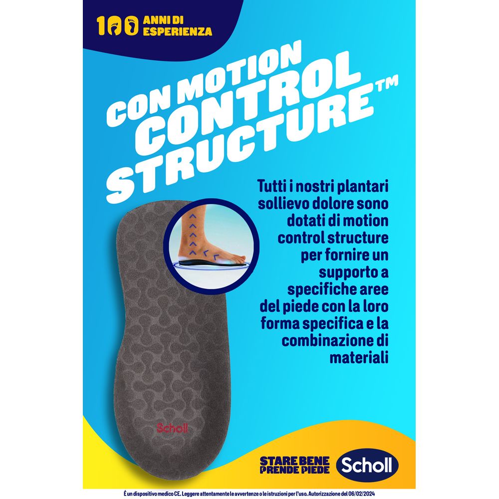 Poster pubblicitario con soletta Scholl. Soletta grigia con testo e illustrazione del piede.