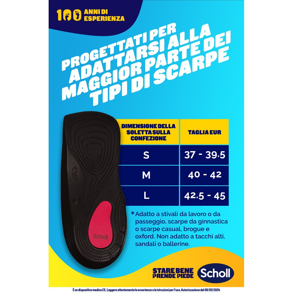 Poster pubblicitario con soletta Scholl. Tabella taglie: S (37-39.5), M (40-42), L (42.5-45).