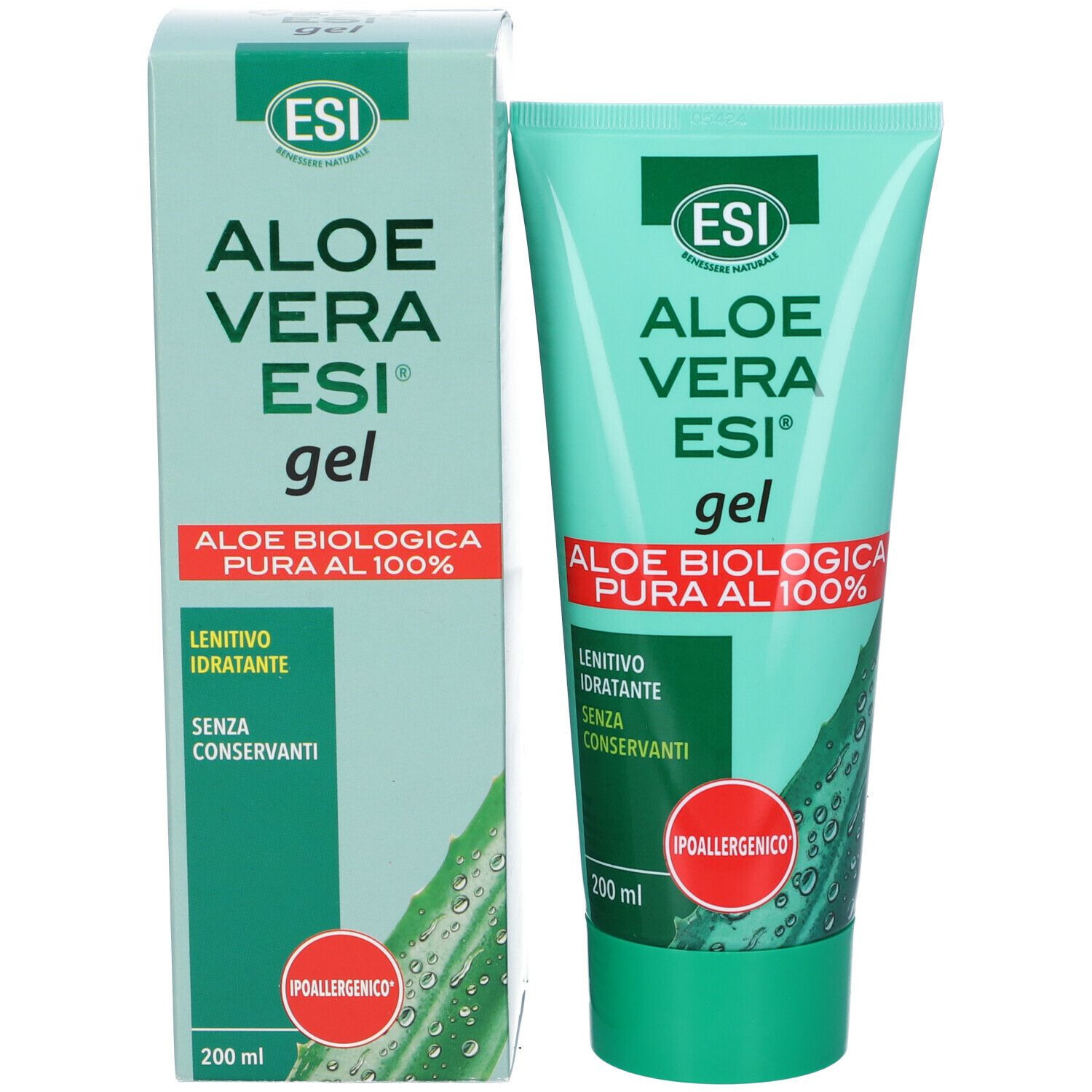 Confezione e tubo. Scritta: Aloe Vera ESI gel, Aloe biologica pura al 100%. Ipoallergenico. 200 ml.